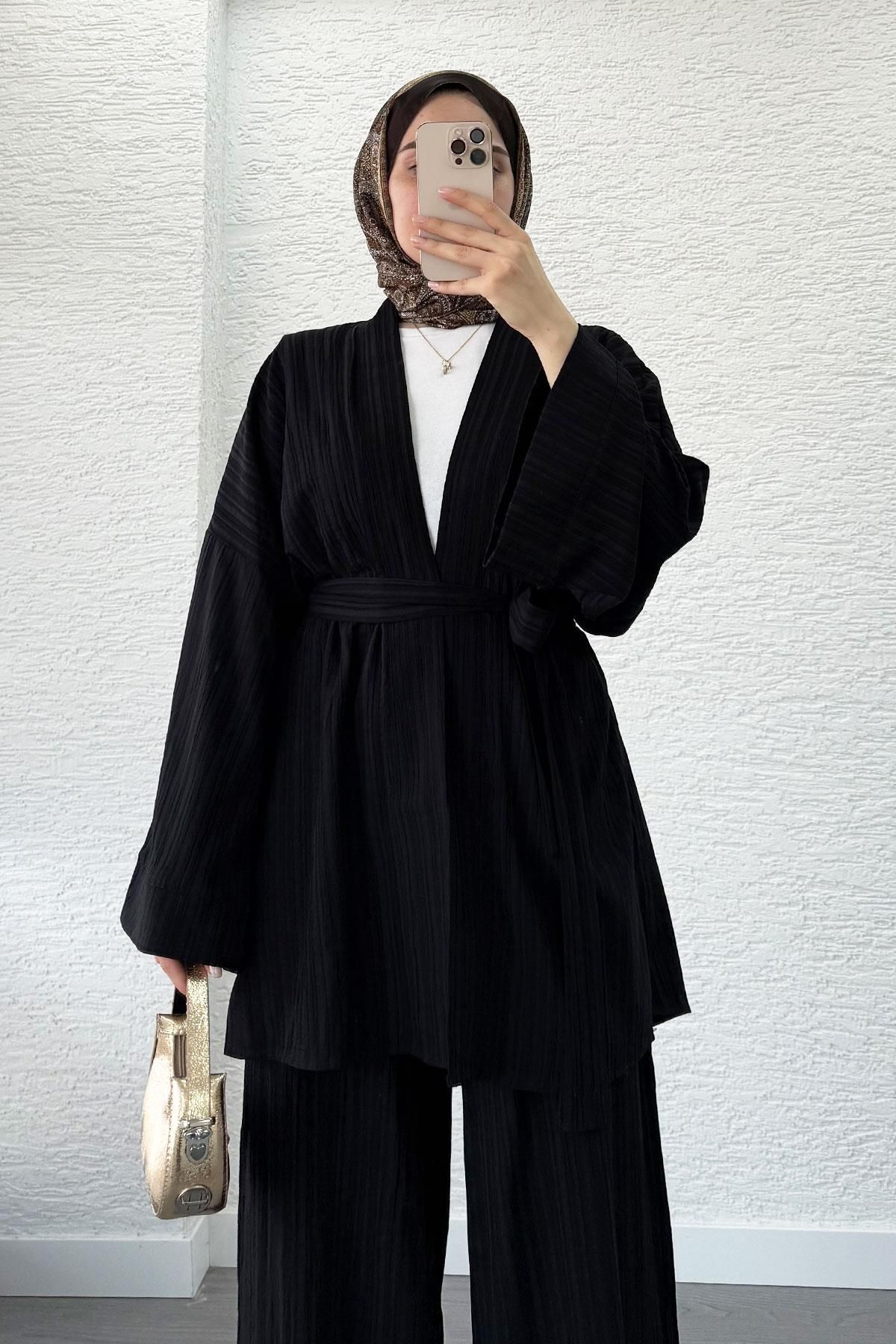 MELEK ARAZ İkili Kimono Pantolon Takım-Siyah