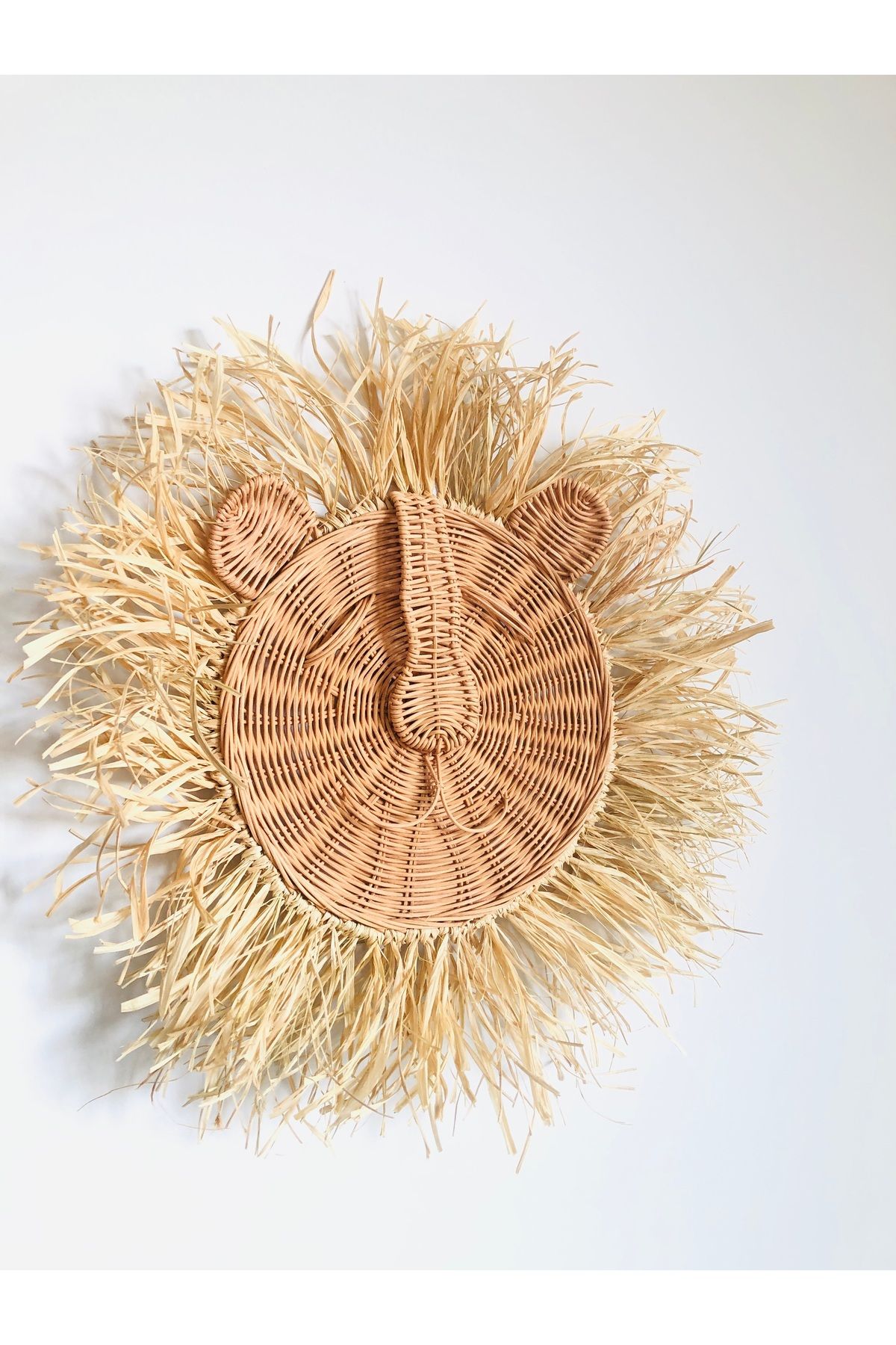 hayal rotam Rattan Bambu Rafya Çocuk Odası Genç Odası Duvar Süsü Aslan Figürlü 40 cm Çapında