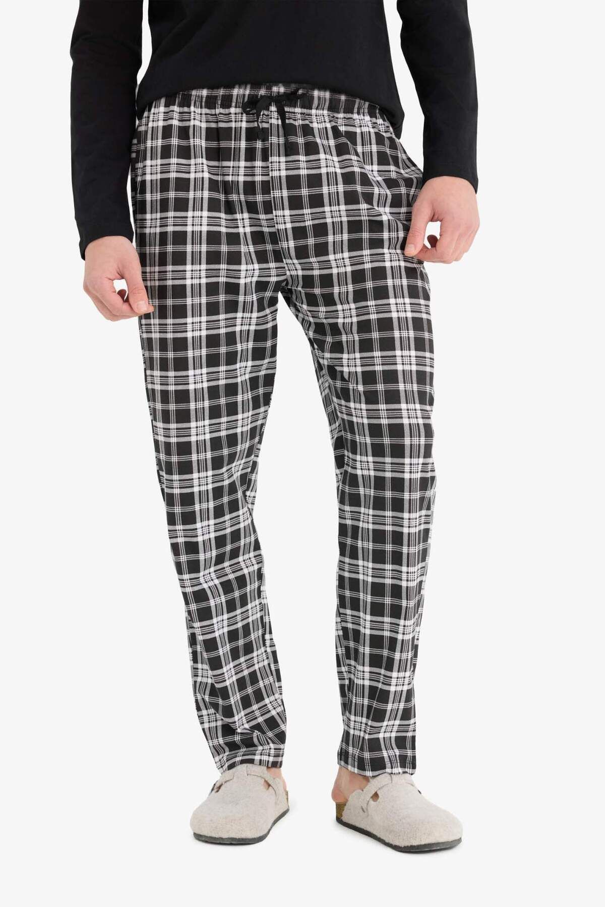 DeFacto-Regular Fit Pajama Set Long Sleeve Top Elastic Waist Checked Bottom E0510Ax25Sp 6