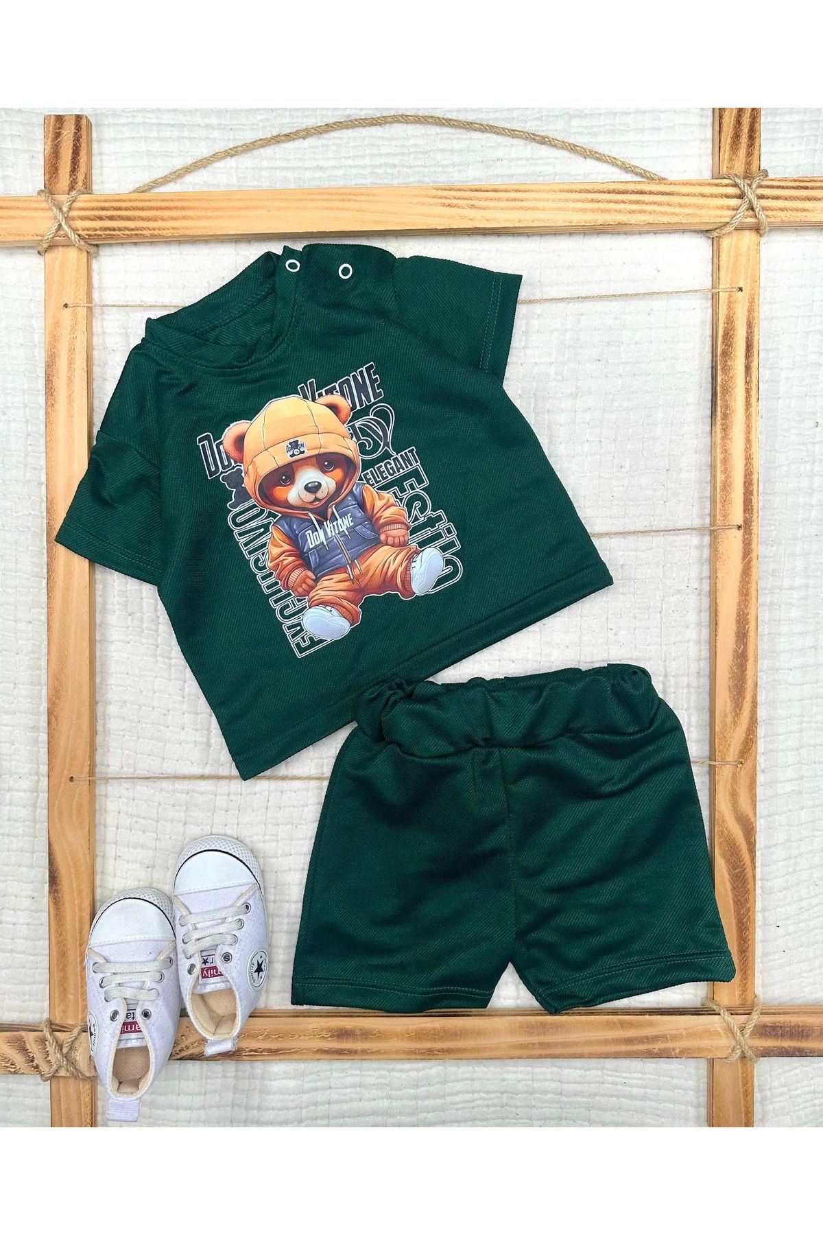 Wear Hype 9-12-18-24 Ay Dansçı Ayıcık Baskılı Şortlu Kısa Kollu Tişört 2li Erkek Bebek Takımı