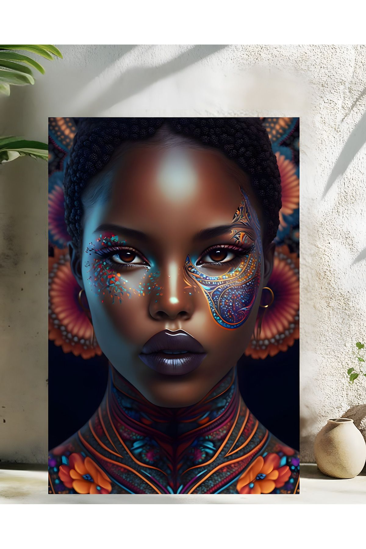 Levhane Afro Sanat Temalı Metal Tablo - Kadın Portre & Soyut Tasarım - 1 mm Alüminyum - UltraHD Baskı