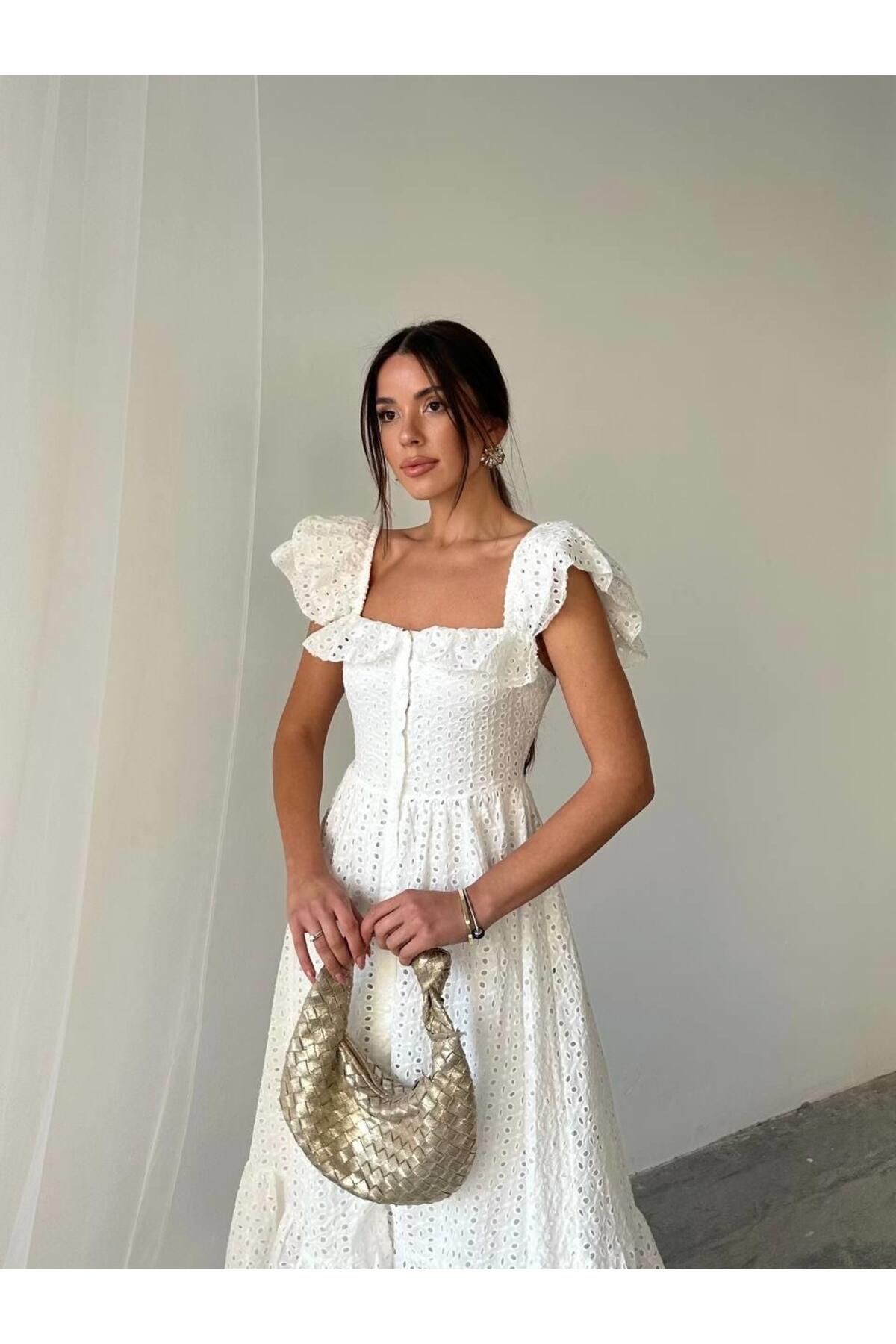 conconmoda Fisto Düğme Fırfır Detaylı Midi Elbise