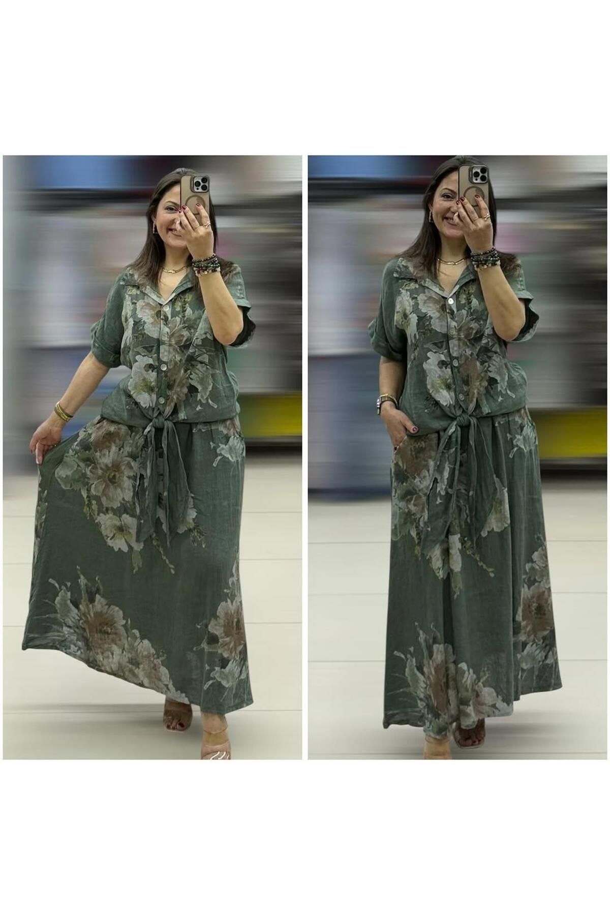 Hanımefendi Butik İtalyan Keten Etek Takım - HAKİ