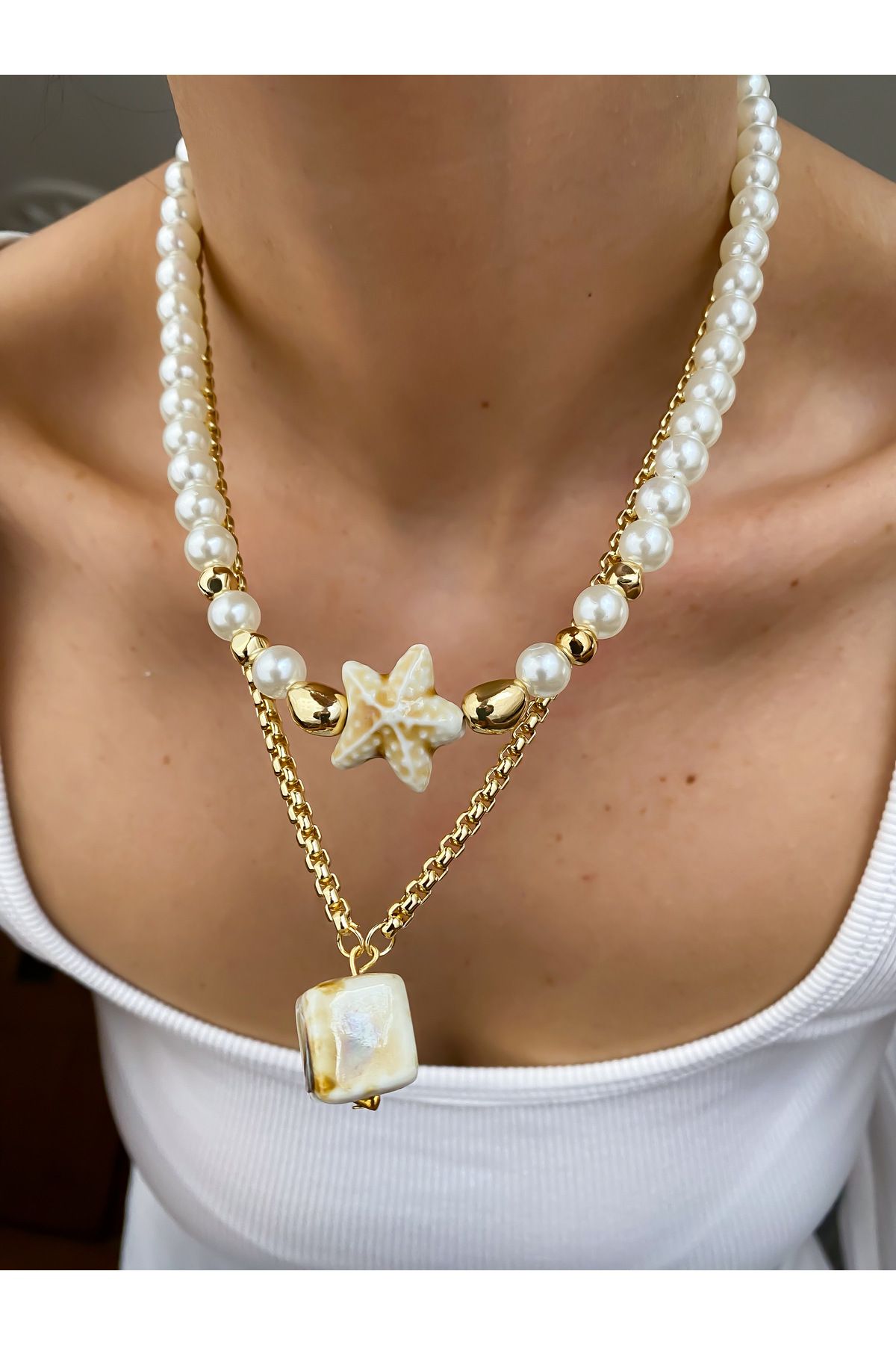 Lucky Designs Gold Yazlık Renkli Seramik Figür Detay Üçlü Set Kolye/ Kadın Çoklu Set Kolye