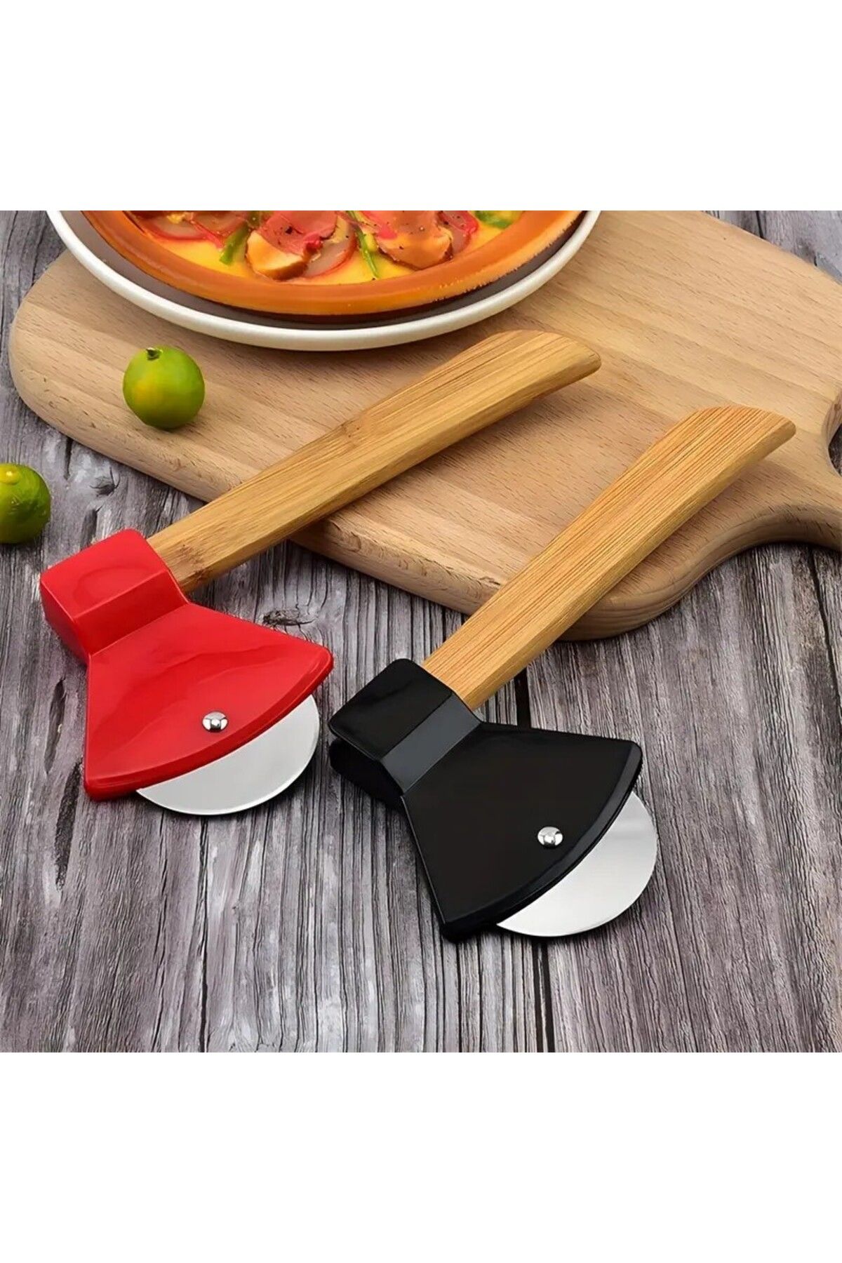 isometric Pizza Kesici Tekerleği Balta Şekil Paslanmaz Çelik, Bambu Saplı Dönen Kesici Kurabiye, Kek, Ekmek