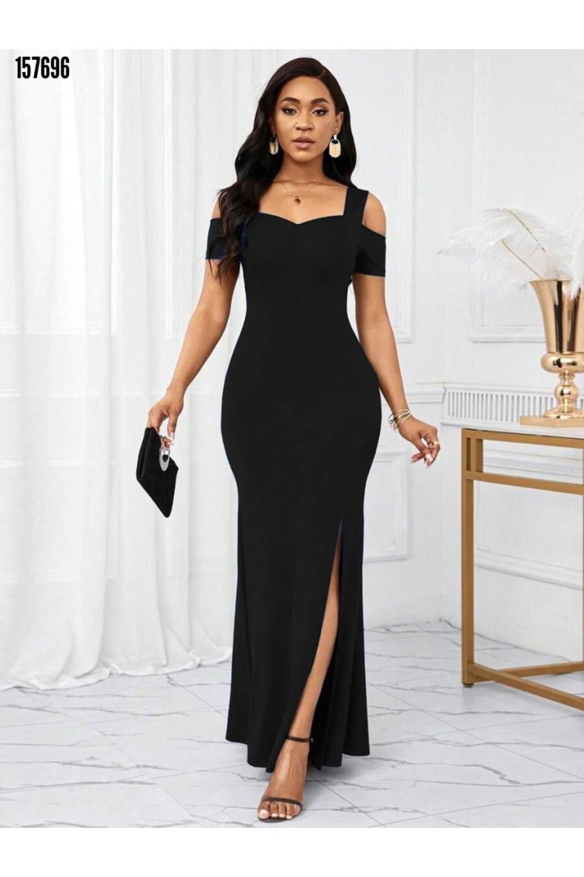 BZ Boutique Askılı Yırtmaçlı Büyük Beden Uzun Krep Elbise 157696