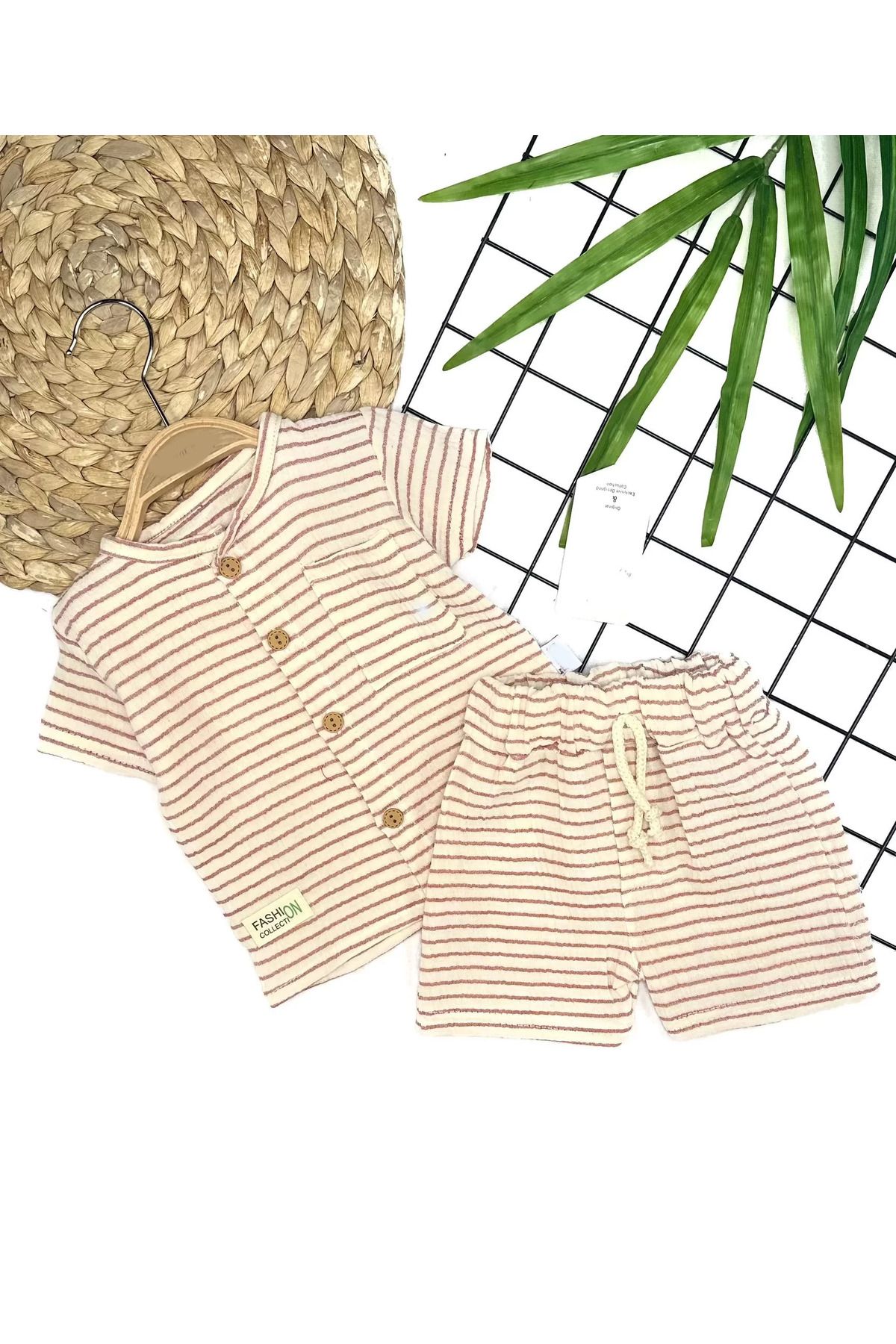 Wear Hype 9-12-18-24 Ay Düğme Detaylı Çizgili Müslin Kumaş Yazlık 2li Erkek Bebek Takımı