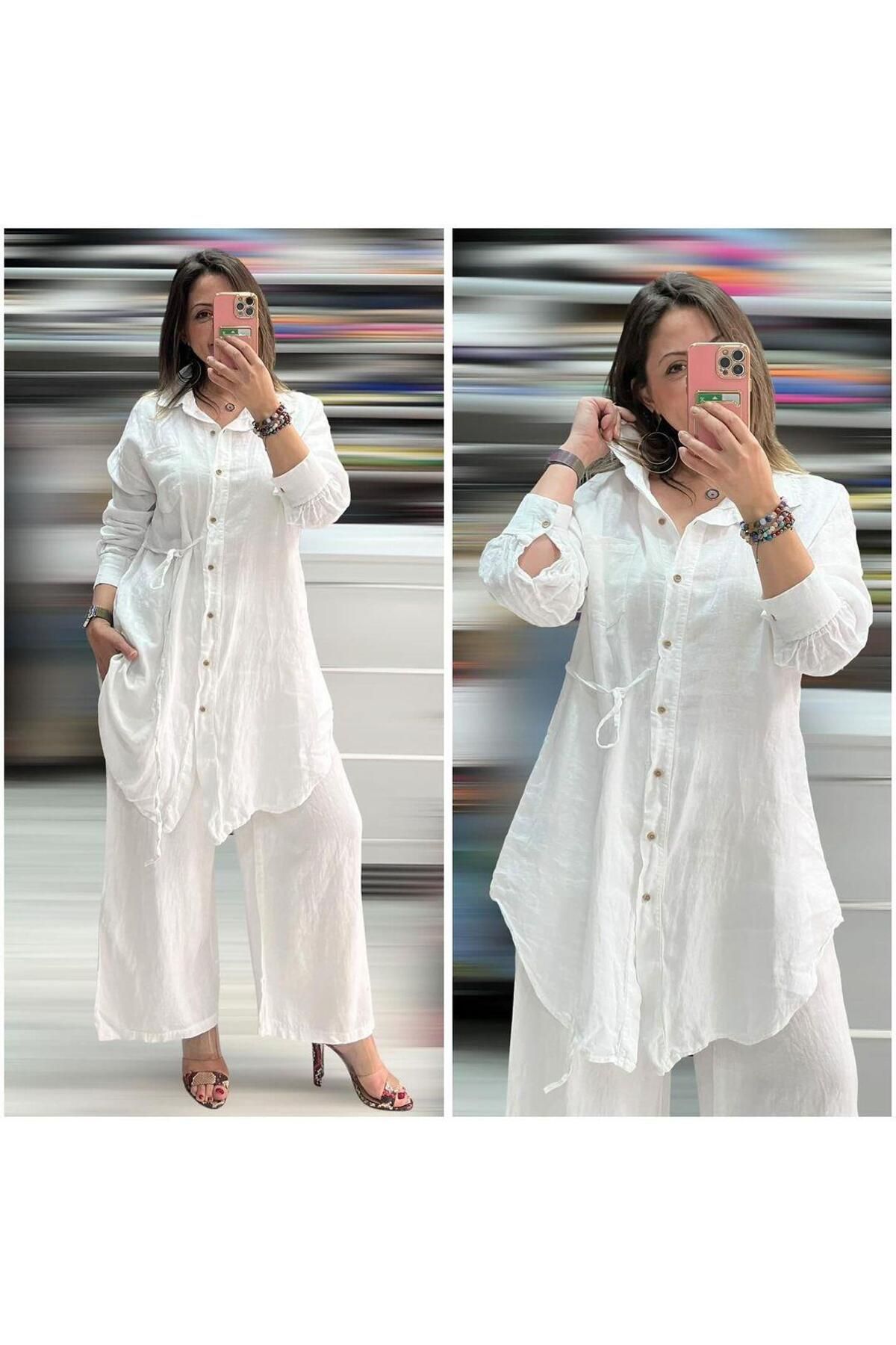 Hanımefendi Butik İtalyan Keten Tunik Takım - BEYAZ