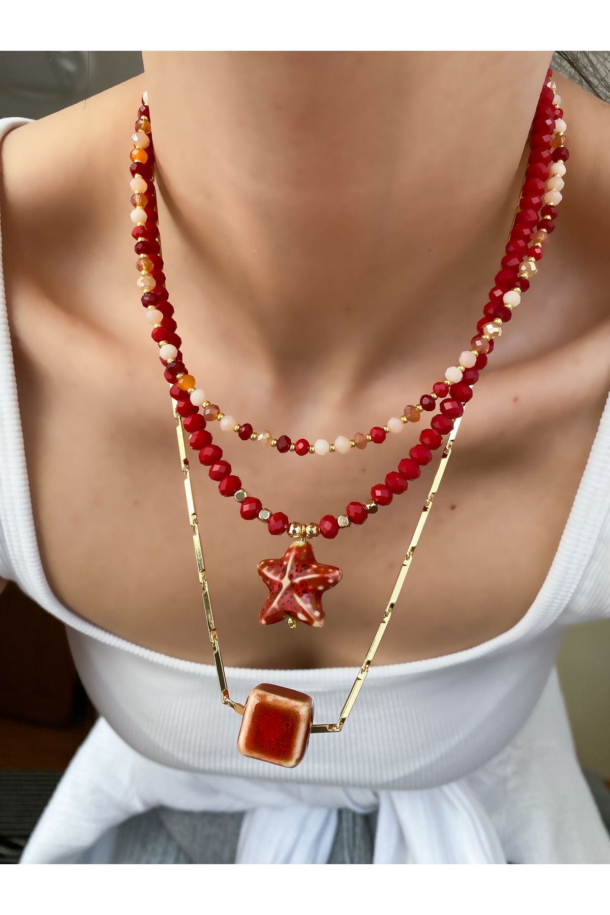 Lucky Designs Gold Yazlık Renkli Seramik Figür Detay Üçlü Set Kolye/ Kadın Çoklu Set Kolye