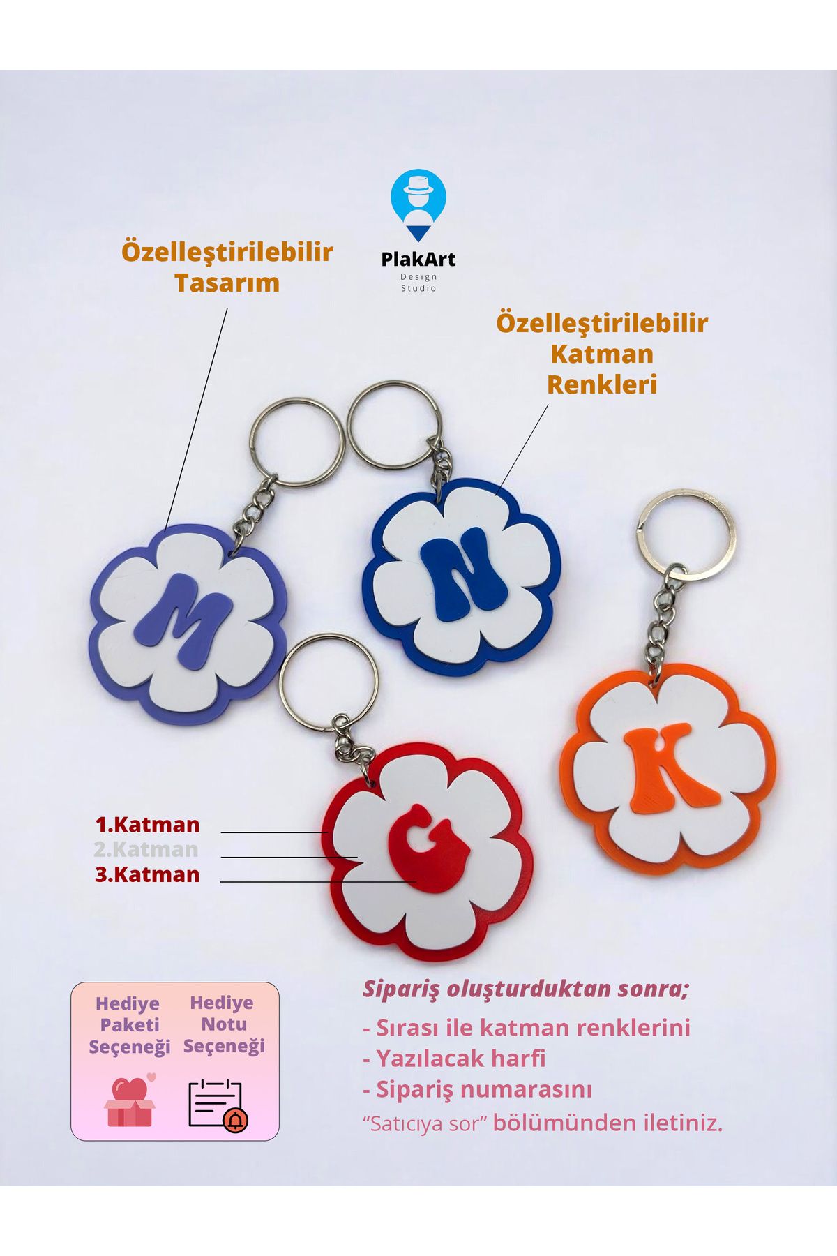 PlakArt Kişiye Özel Çiçek Anahtarlık Çanta Süsü Hediyelik Sevgiliye Hediye