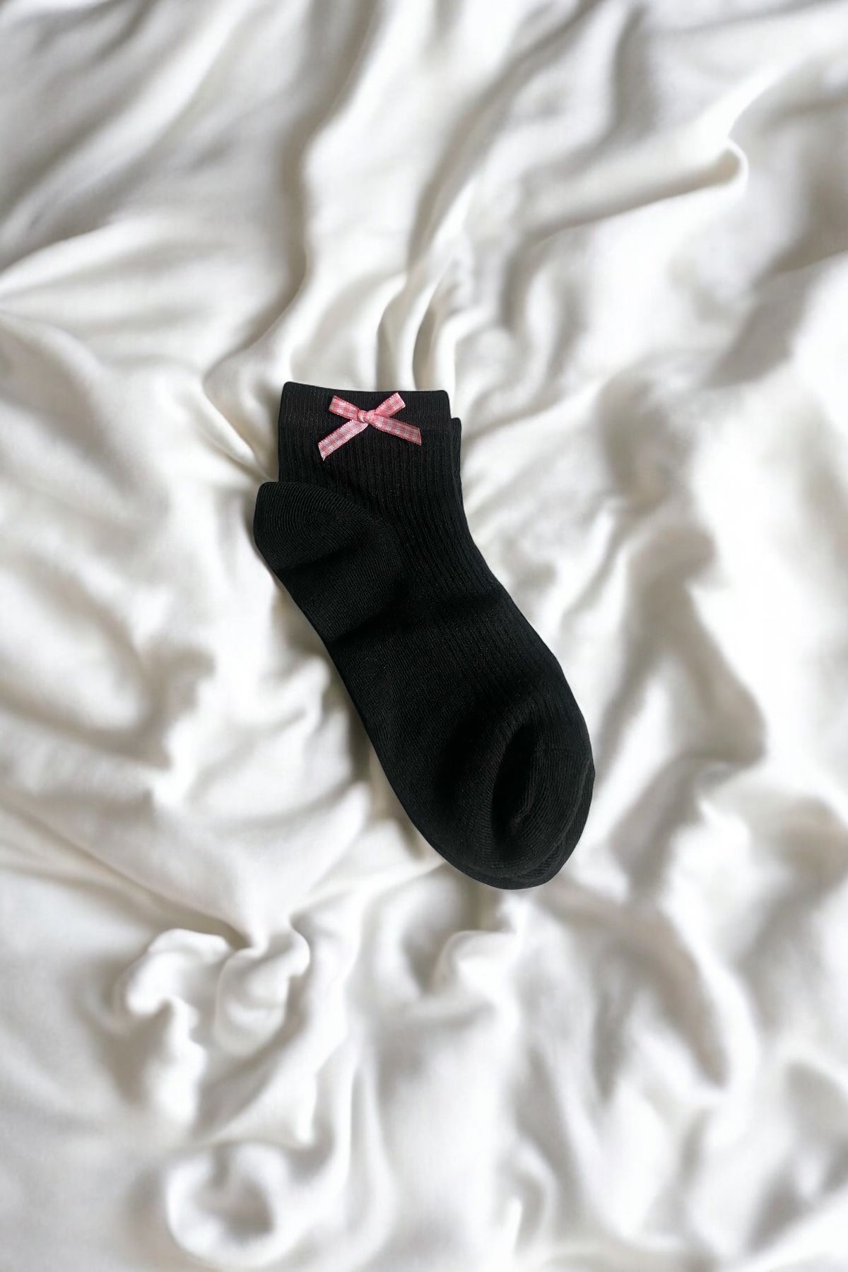 Agleam Pembe Kurdele Detaylı Siyah Kısa Çorap - Cute Girl Style