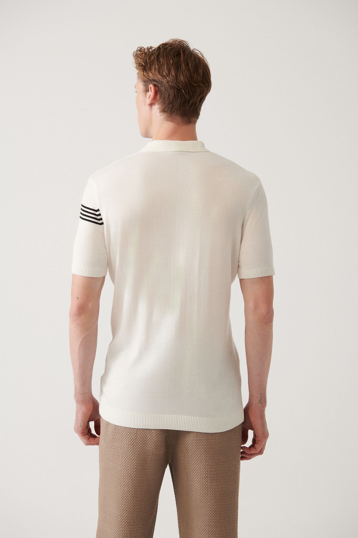 Avva-Men's White Zippered Stripe Detailed Polo Neck Knitwear T-Shirt A31Y5127 4