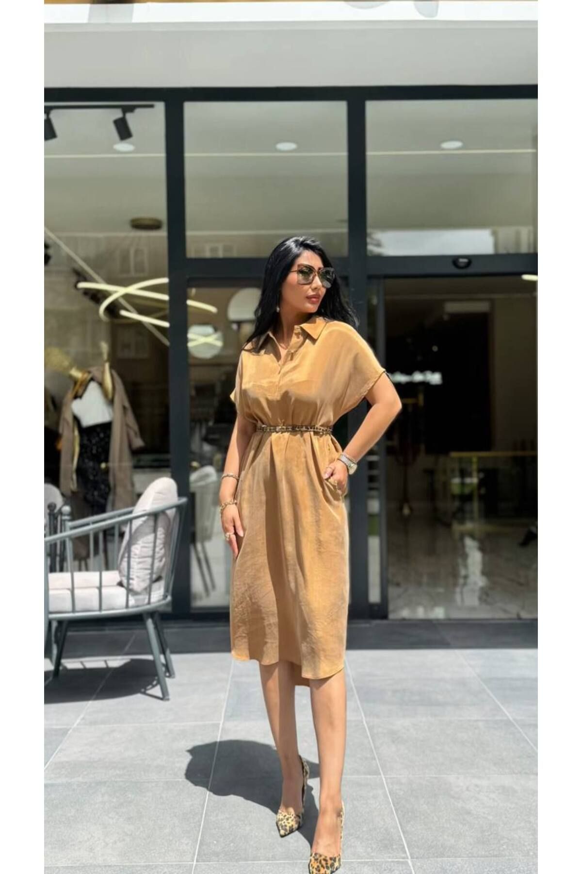 Gülşen Gök Butik Bel Bağlama Detay Midi Boy Elbise