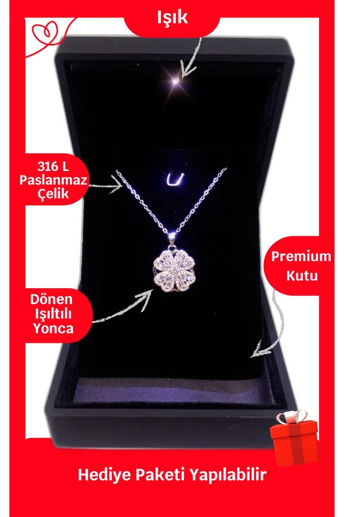 ganispe Işıklı Premium Kutuda | Dönen Yonca Gümüş Renk Çelik Kolye | 316l Çelik - Kararmaz | Hediye Paketi