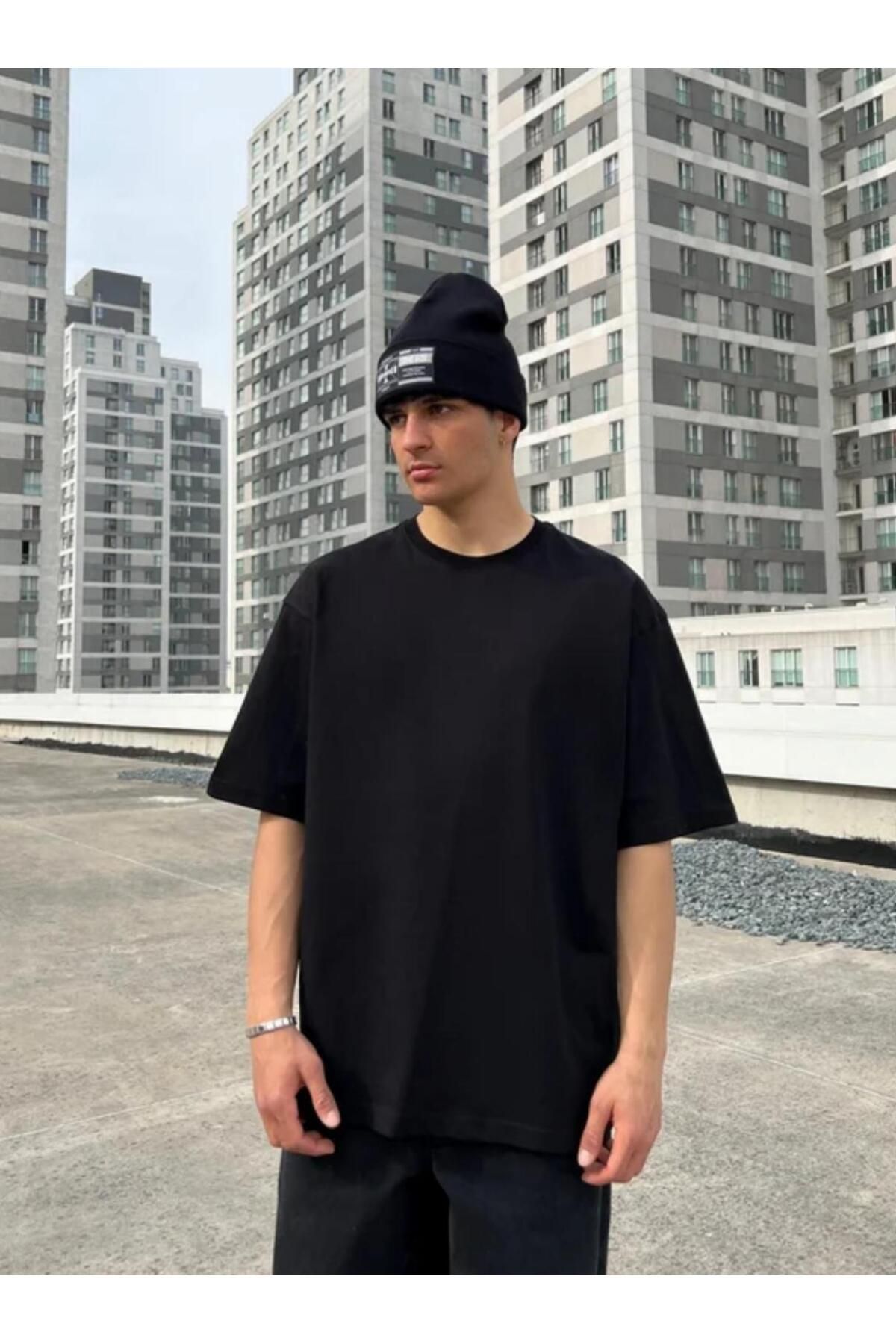 MerStore Erkek Basic Siyah Oversize Tişört T-Shirt