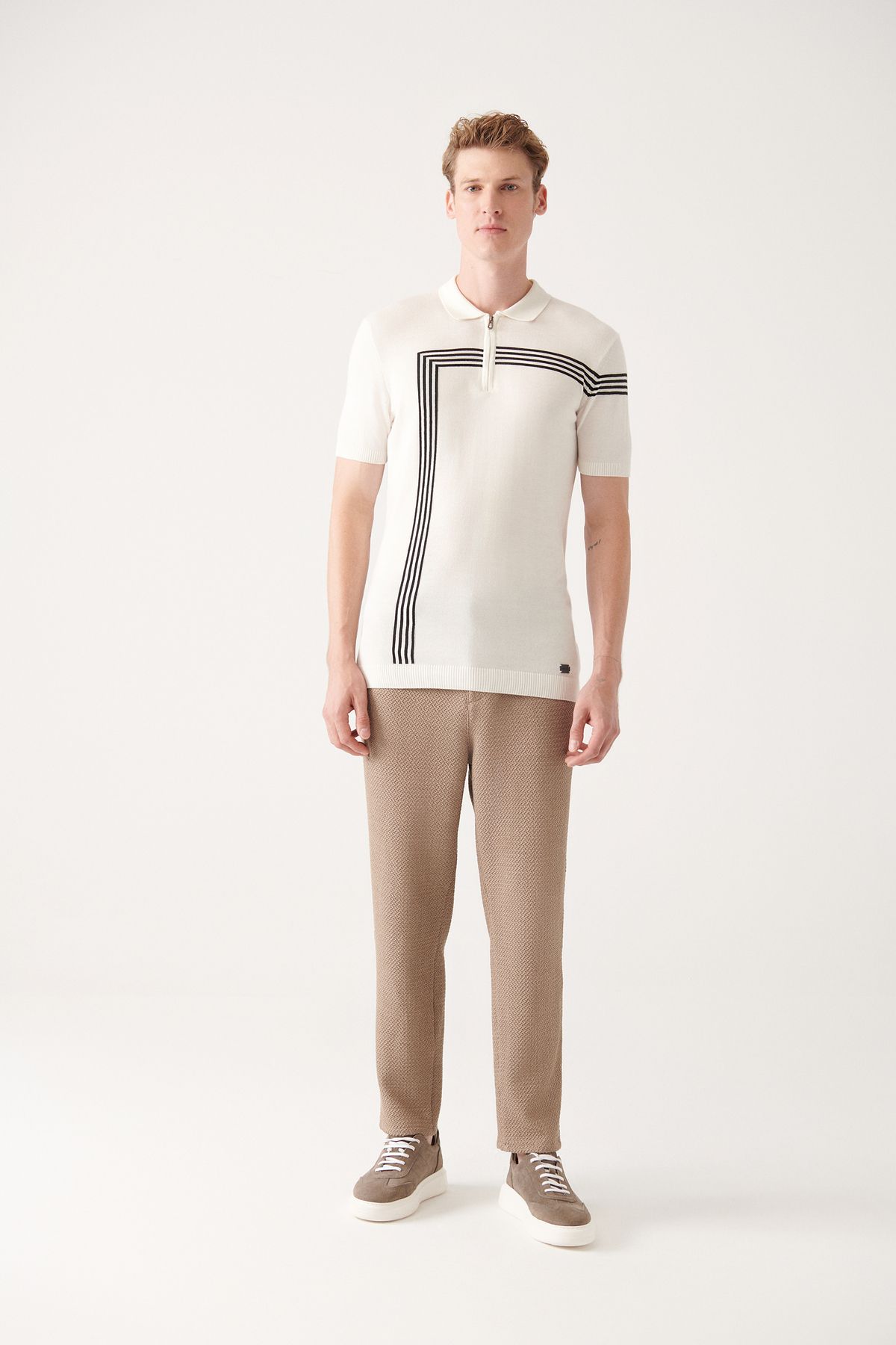 Avva-Men's White Zippered Stripe Detailed Polo Neck Knitwear T-Shirt A31Y5127 6