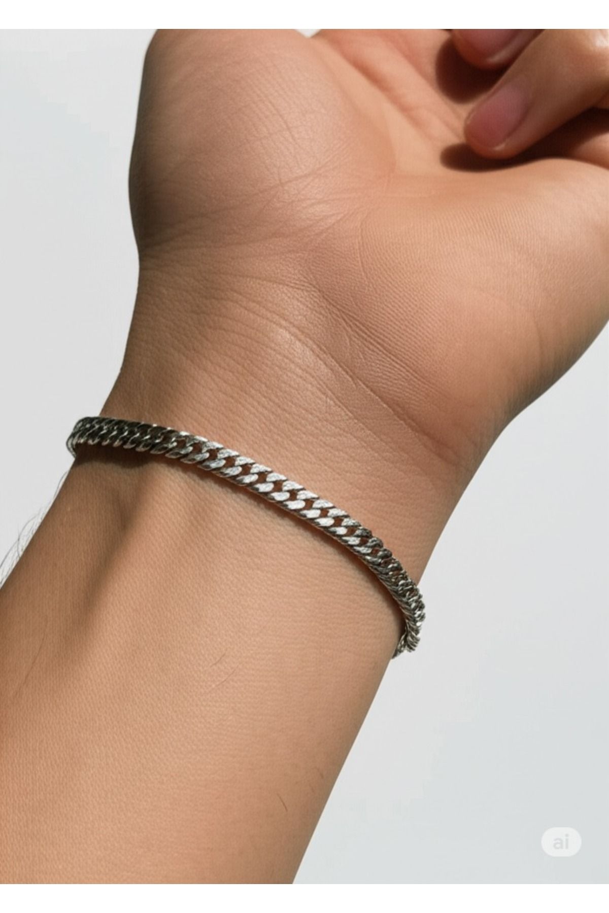 KANERUZ Gümüş Renk Unisex Çelik Kalın Örme Zincir Çelik Bileklik