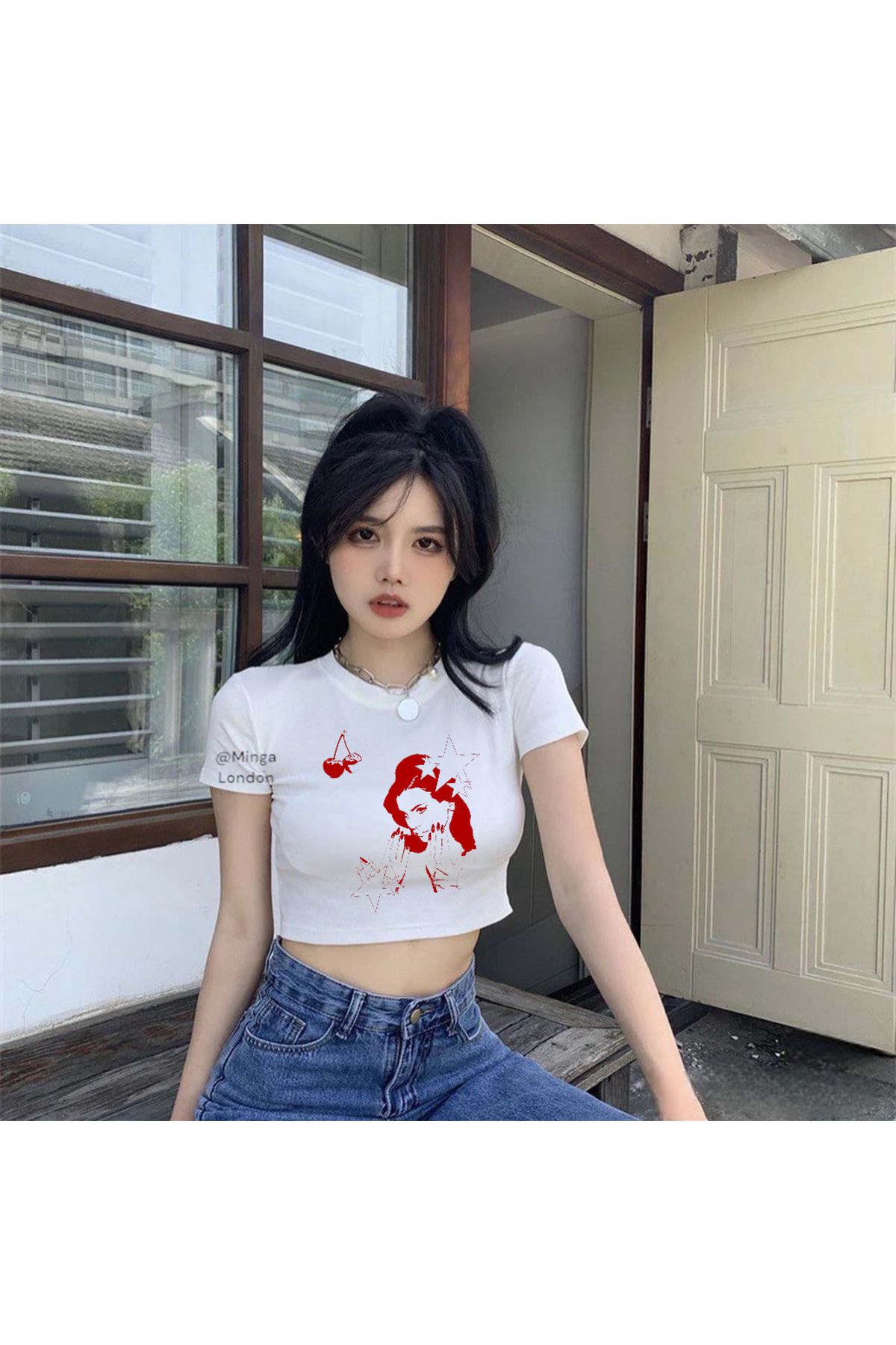 Minga London Beyaz Lana Del Rey Cherry Crop Bluz- Ghostella