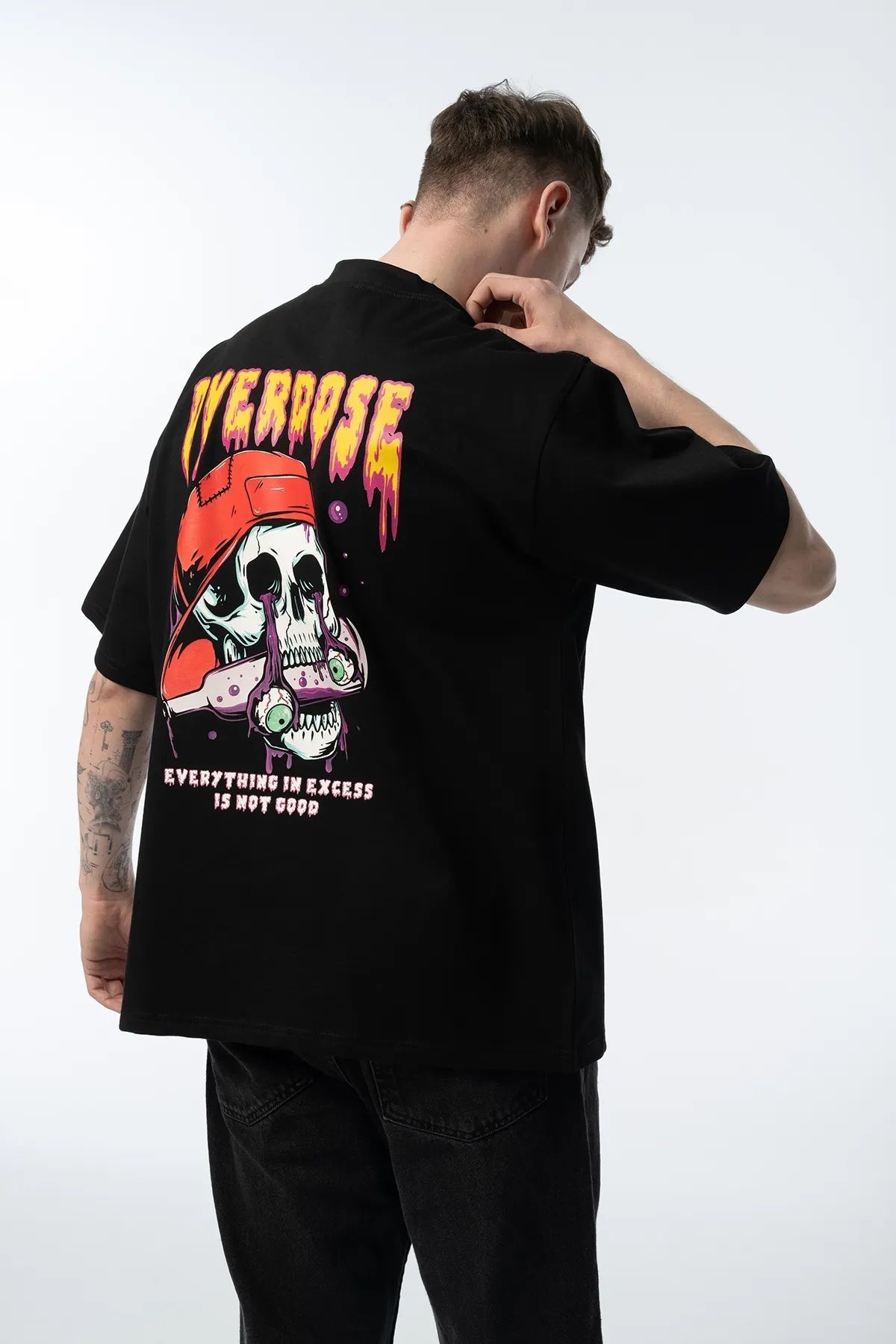 İnazuma Outdoors İnazuma Unisex Oversize Baskılı Pamuklu Bisiklet Yaka Kısa Kollu SİYAH T-shirt