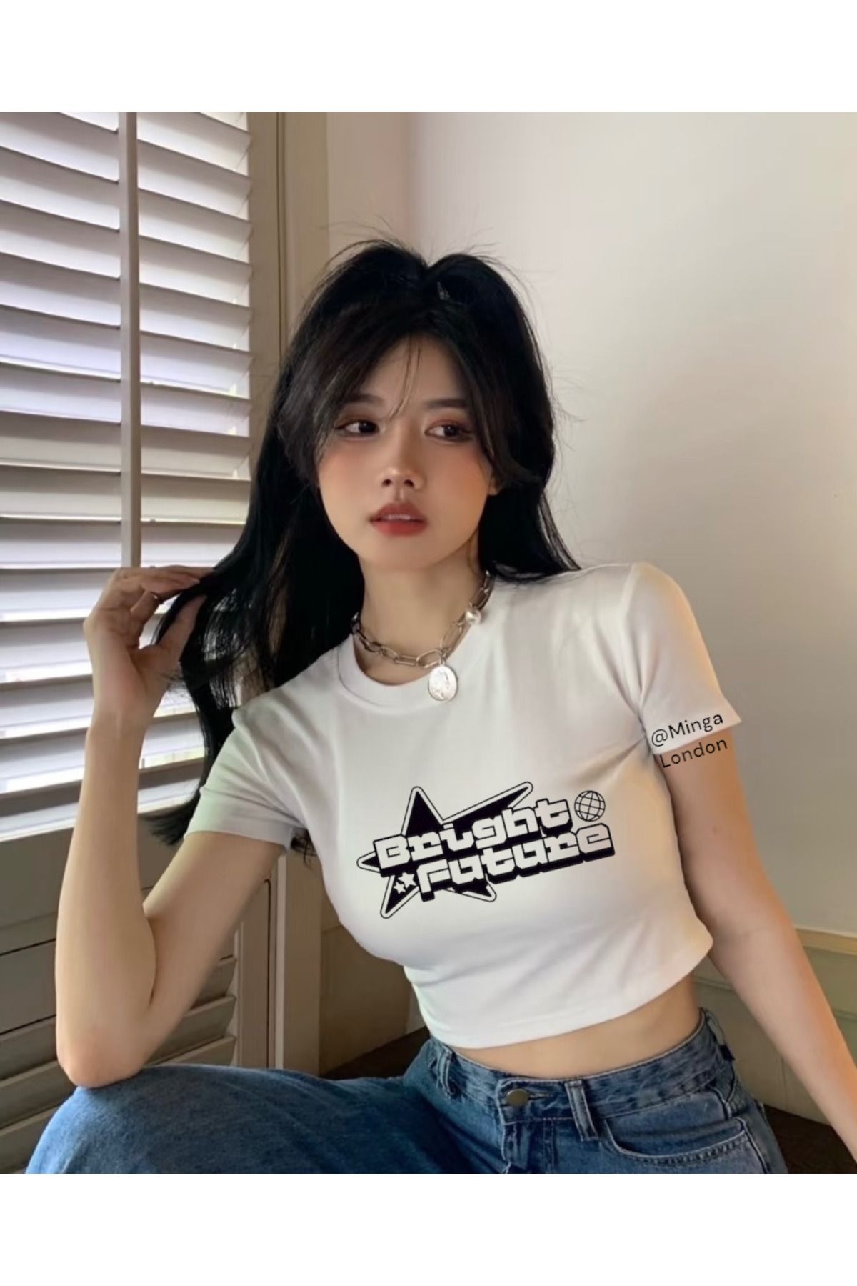 Minga London Beyaz Bright Future Written Crop Bluz- Ghostella