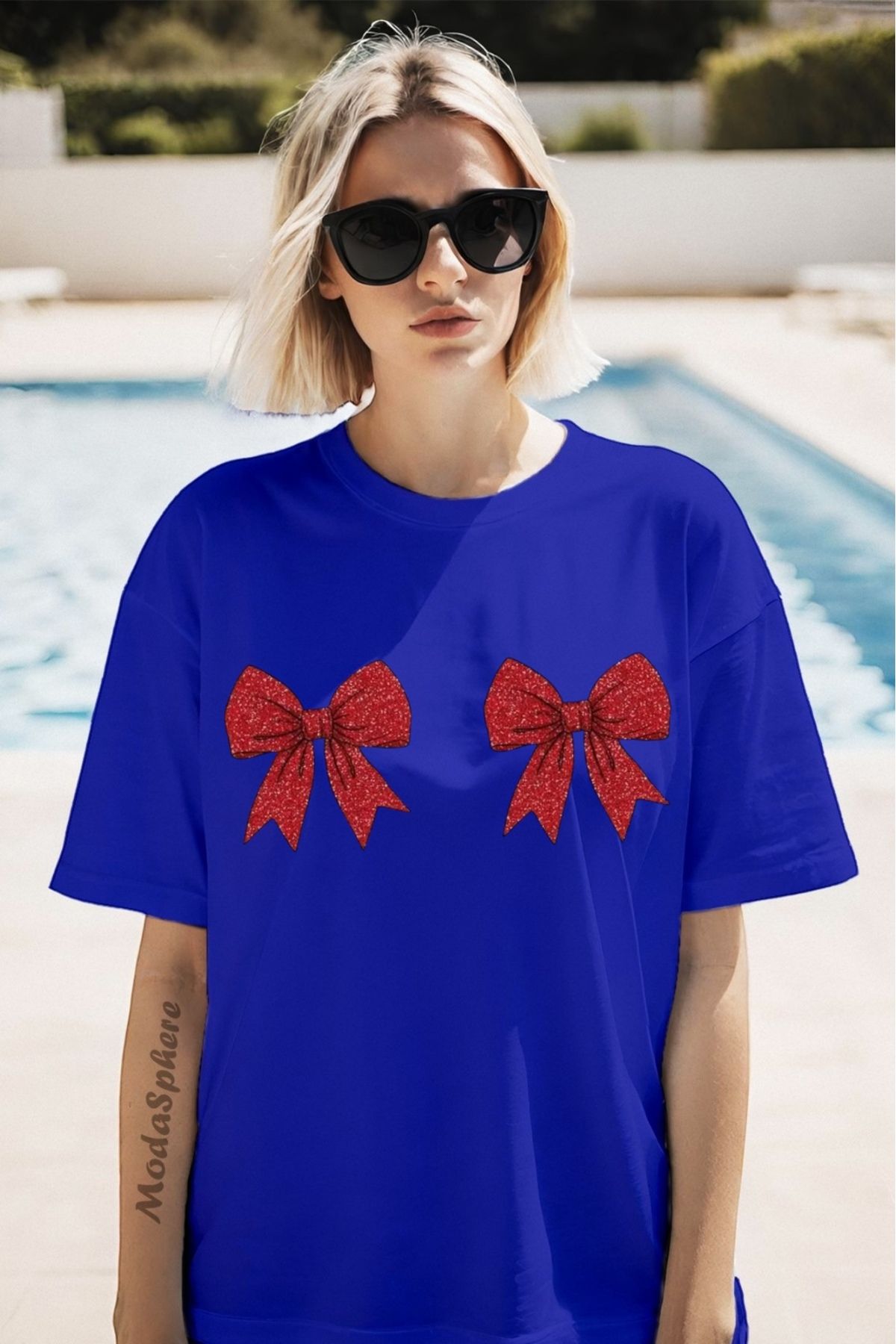 ModaSphere Christmas Yıllbaşı Glittering Bow Baskılı Unisex Oversize Tişört