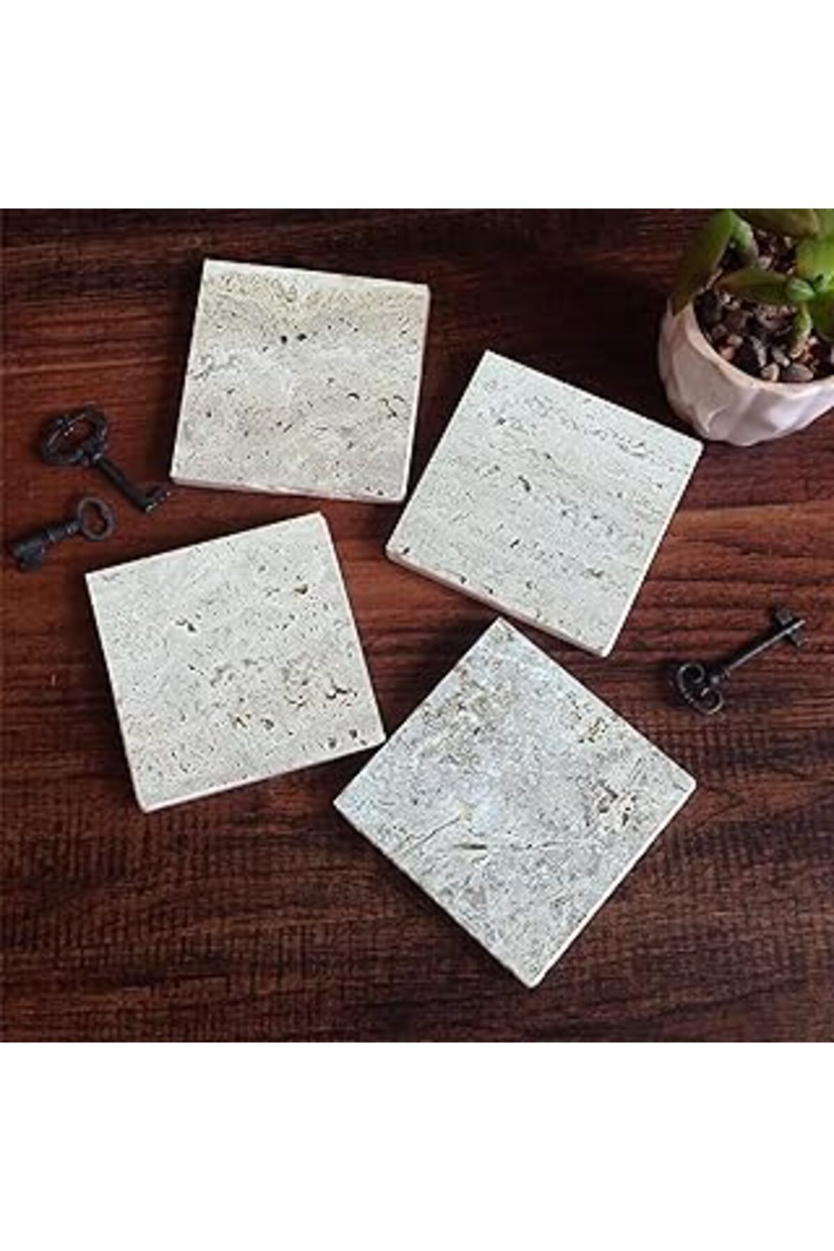 Pazarcan Pinecone Doğal Taş Bardak Altlığı Seti - 4 Parça - Dekoratif, Rustik Mutfak Aksesuarı, 10X10 Cm, Ka