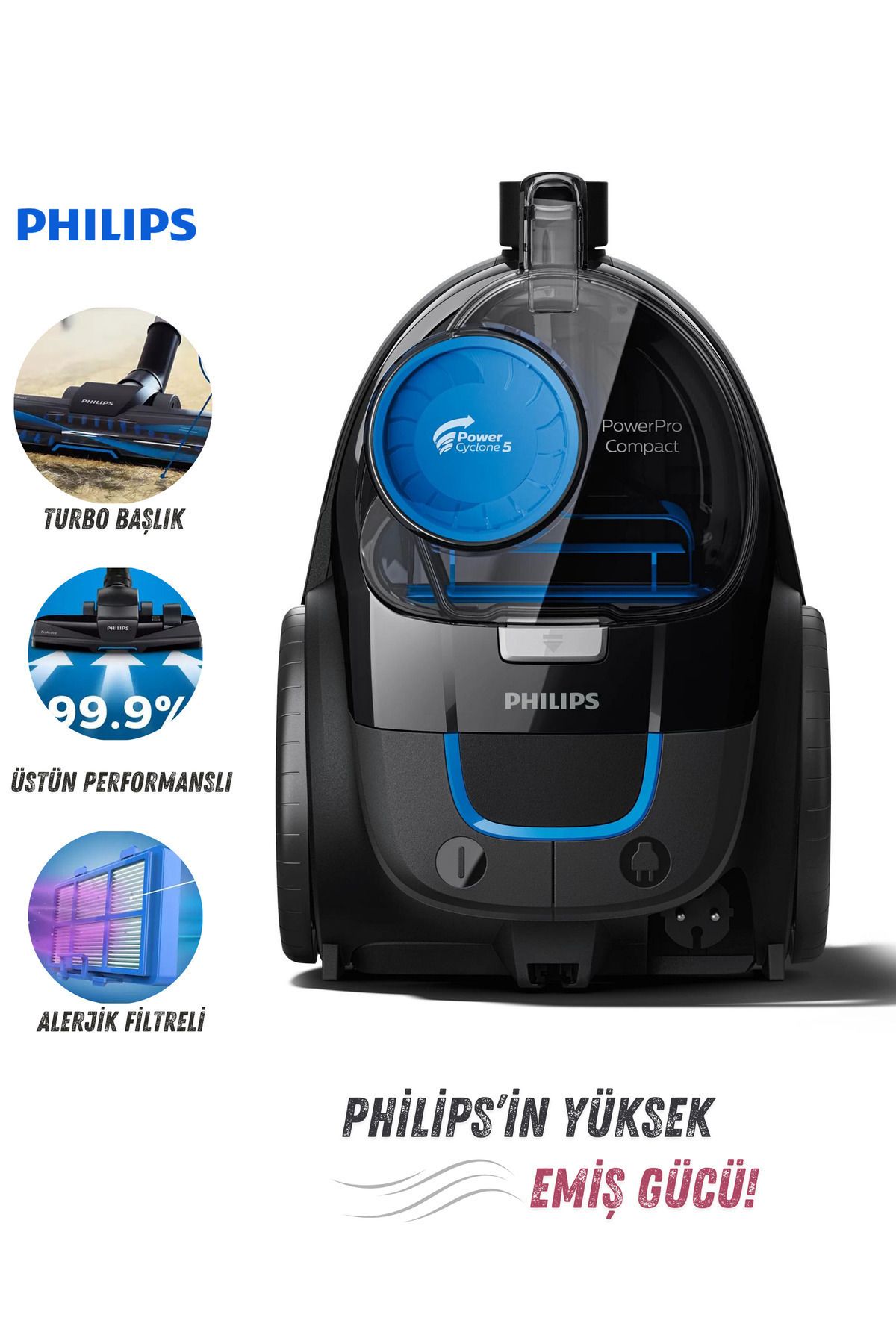 Turbo Başlıklı Compact Torbasız Süpürge - Triactive Başlık - Hepa Alerjik Filtreli