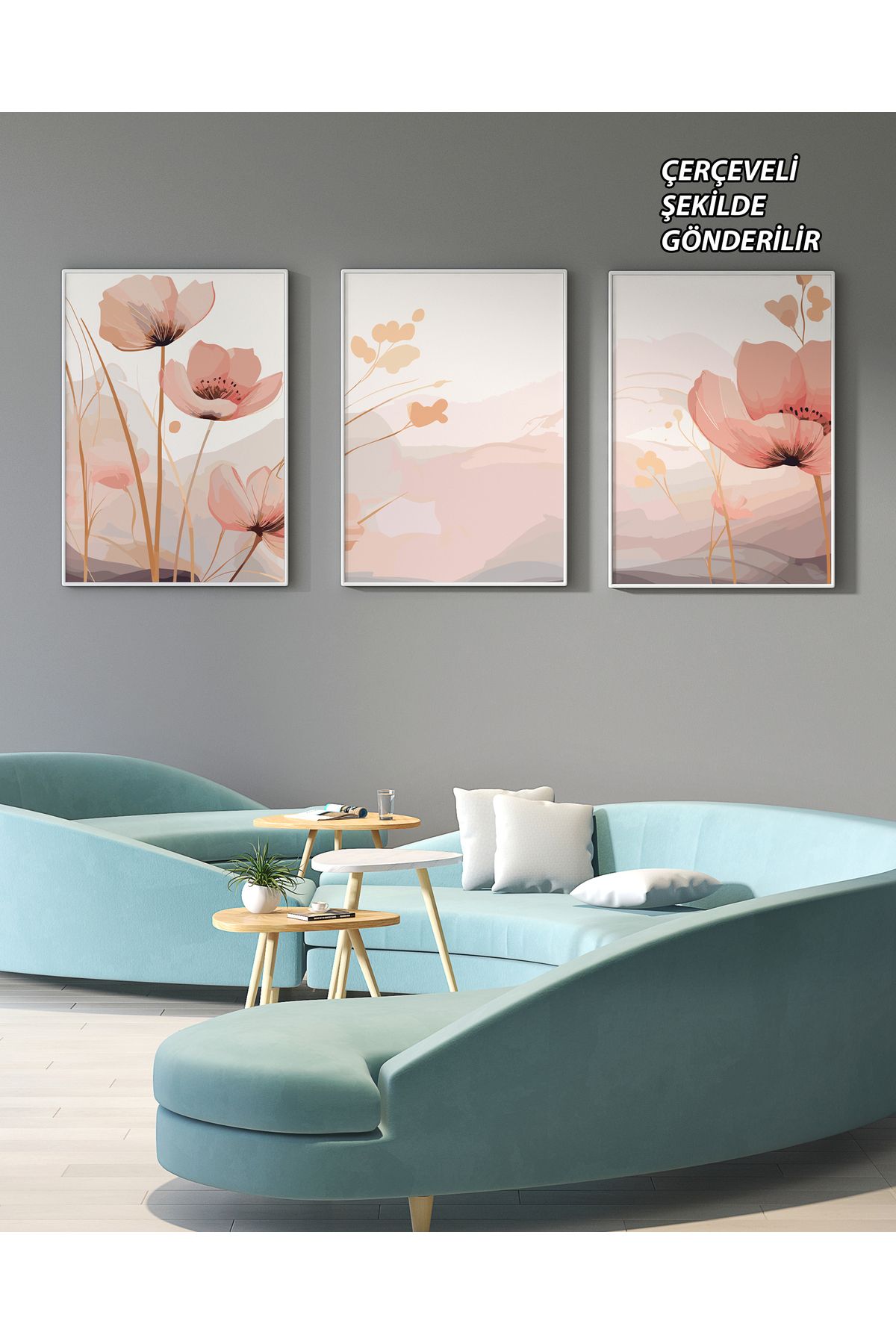 çınararthome 3 Lü Çiçekli Duvar Tablo Çerçeveli Poster