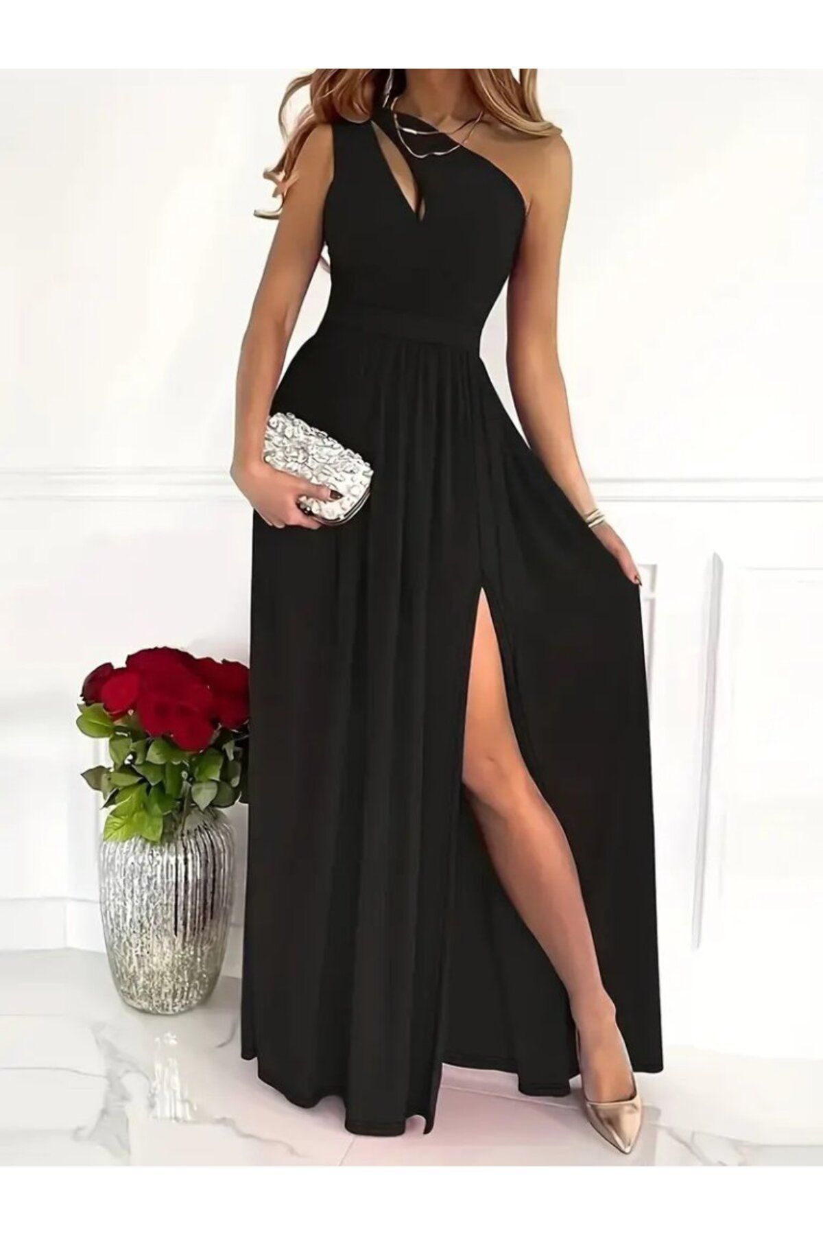 MRA Fashion Kadın Omuzlardan Açık Asimetrik Yaka Detaylı Yırtmaçlı Maksi Boy Janjan Krep Elbise