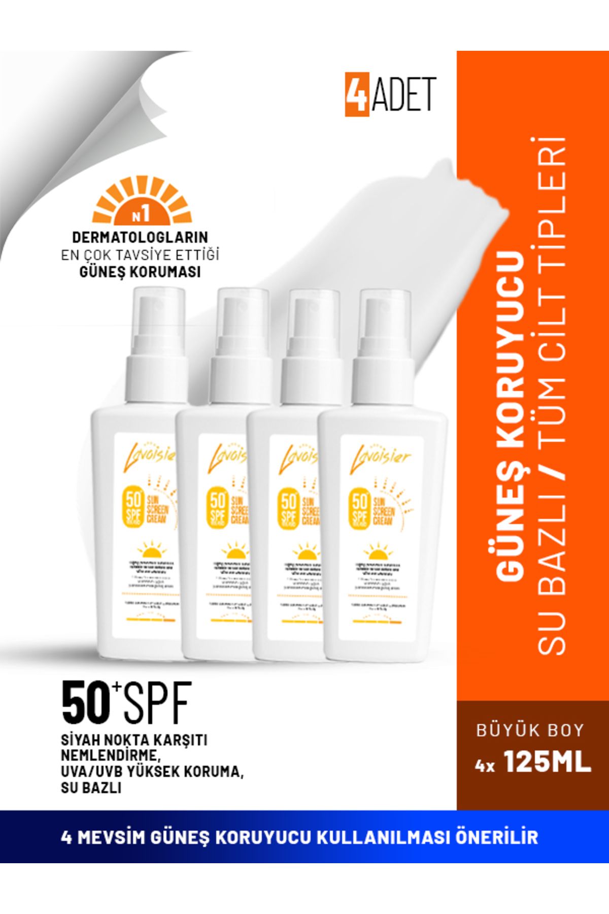 Lavoisier 50 Spf Yüksek Korumalı Yüz Ve Vücut Güneş Kremi 125ml X 4'lü Set Aile Boy