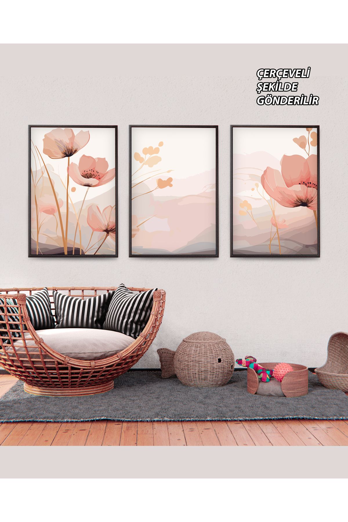 çınararthome 3 Lü Çiçekli Duvar Tablo Çerçeveli Poster