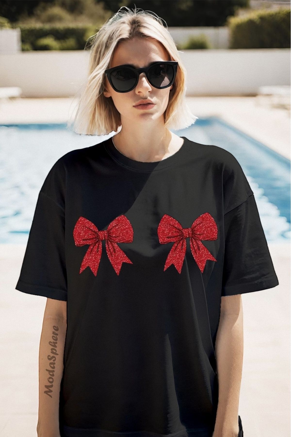 ModaSphere Christmas Yıllbaşı Glittering Bow Baskılı Unisex Oversize Tişört Battal Boy