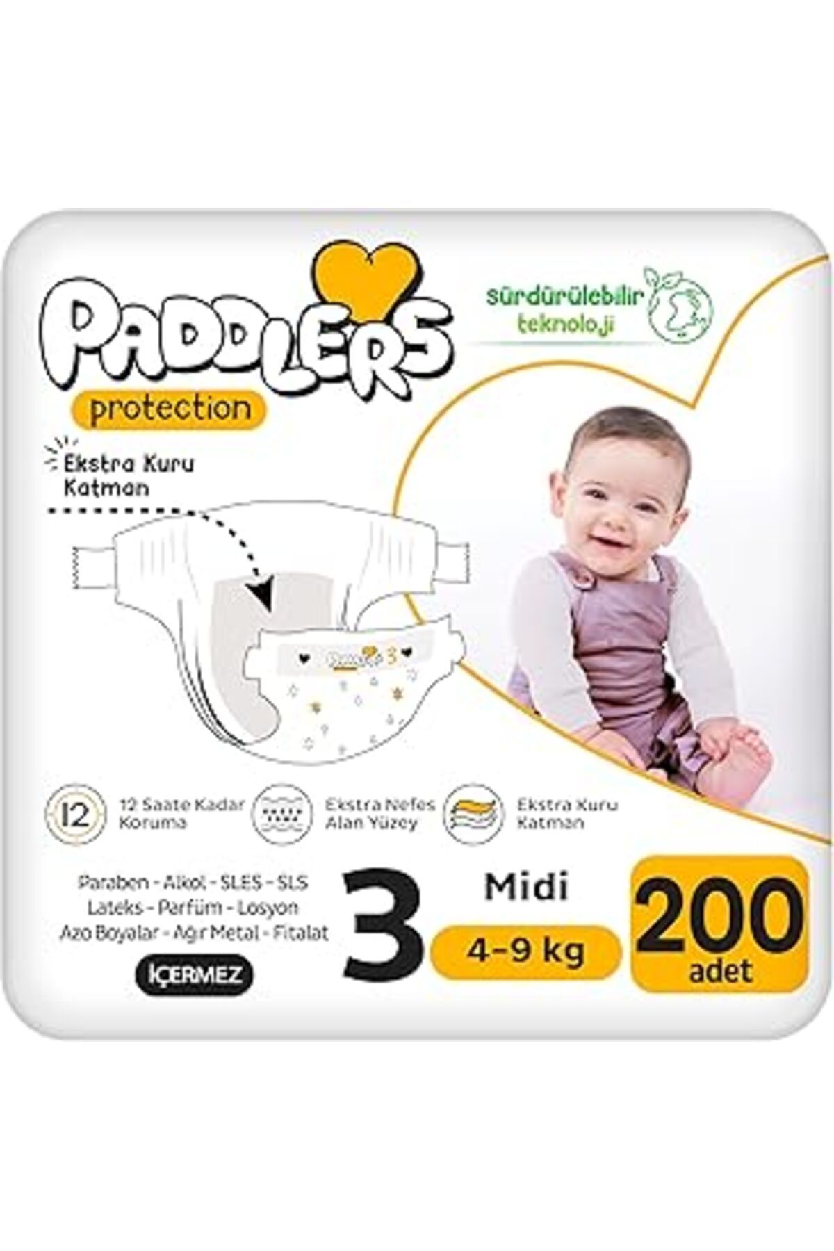 DENİZBİLİŞİM Paddlers Protection Bebek Bezi 3 Numara Midi 200 Adet (4-9 KG) Ekstra Jumbo Set