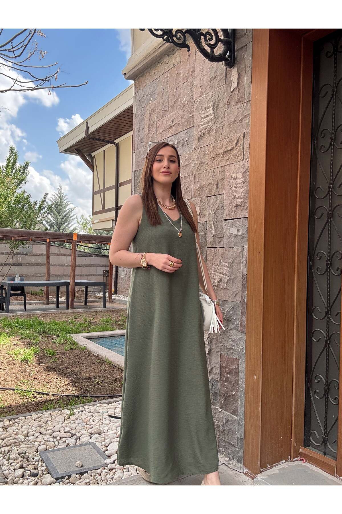 TubaEKEN Kalın askılı keten elbise HAKİ