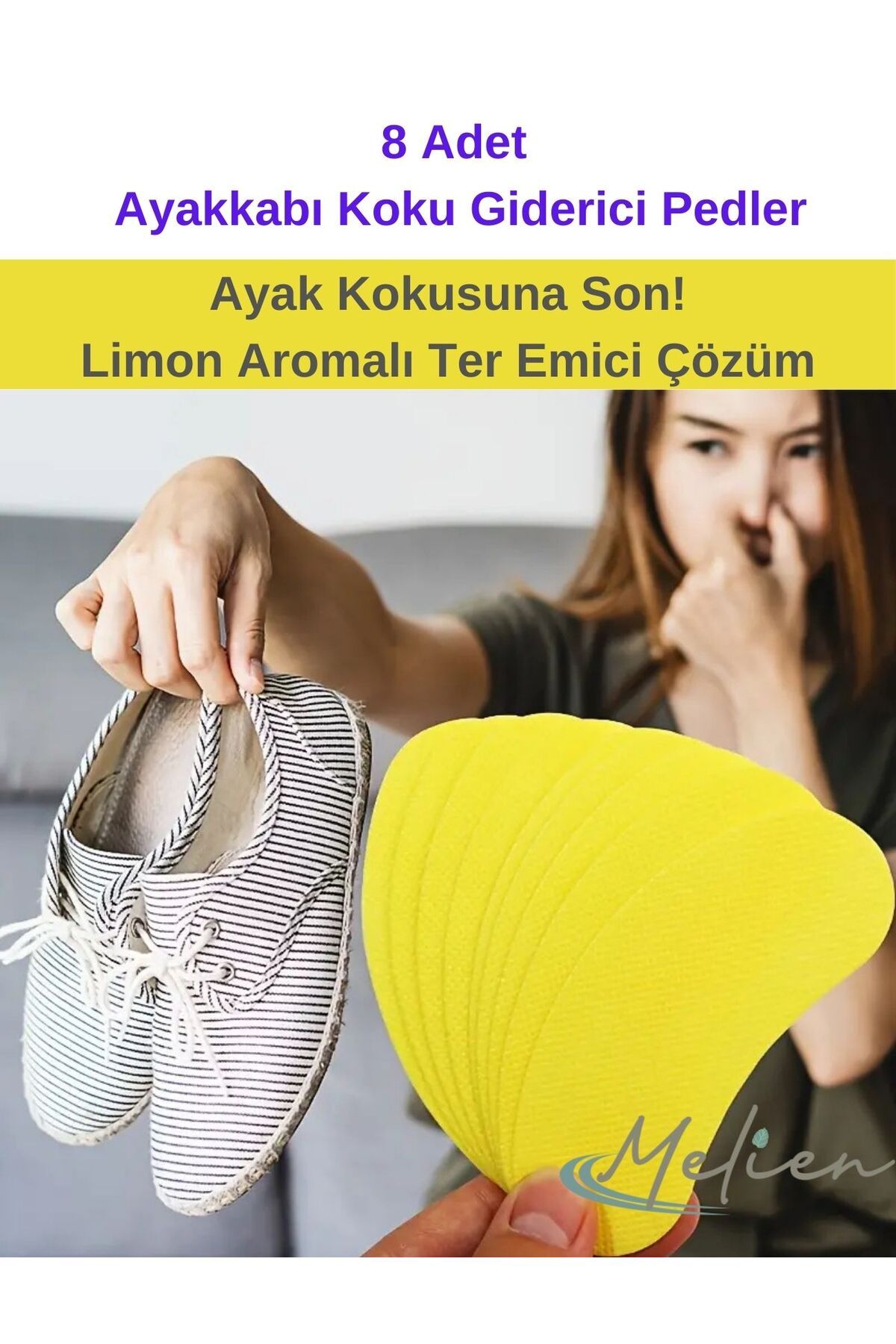 Melien 8'li Ayakkabı Ayak Koku Giderici Ped Ter Emici Sürekli Limon Aromalı Ayakkabı Bakımı Bez Pedi Kese