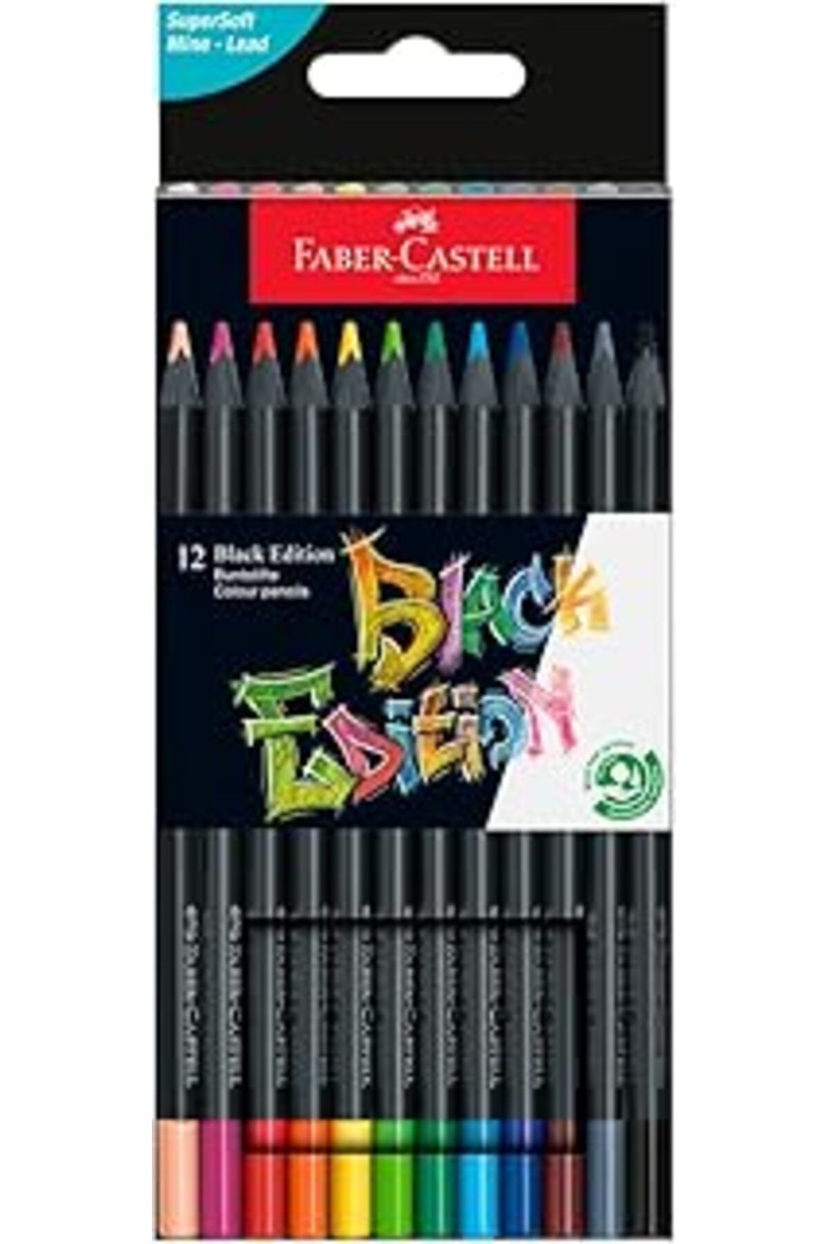 DENİZBİLİŞİM Faber-Castell Black Edition Renkli Kalemler - 12 Sayı, Siyah Ahşap Ve Süper Yumuşak Çekirdek Kurşun