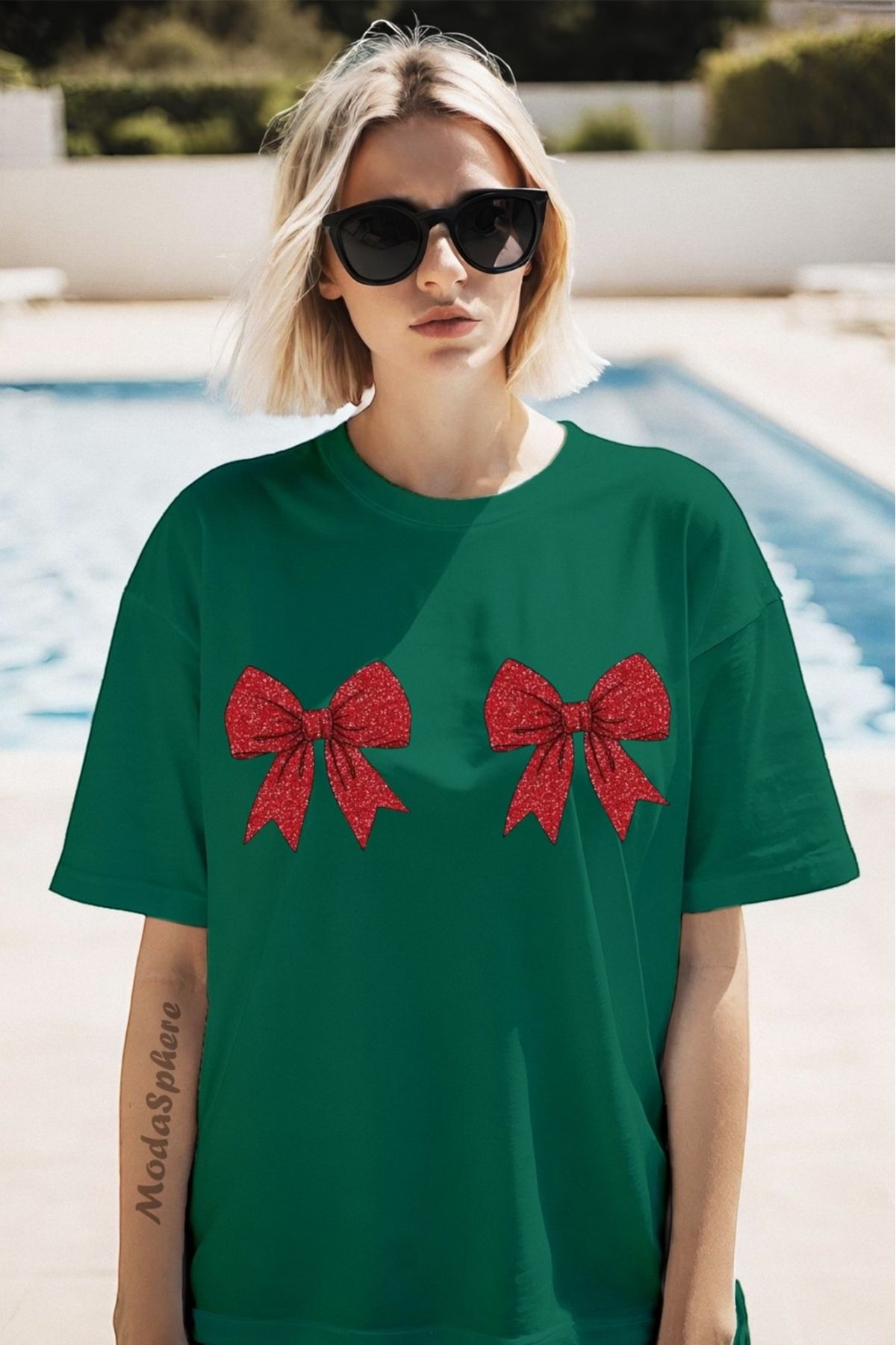 ModaSphere Christmas Yıllbaşı Glittering Bow BASKILI BİSİKLET YAKA KISA KOLLU TİŞÖRT