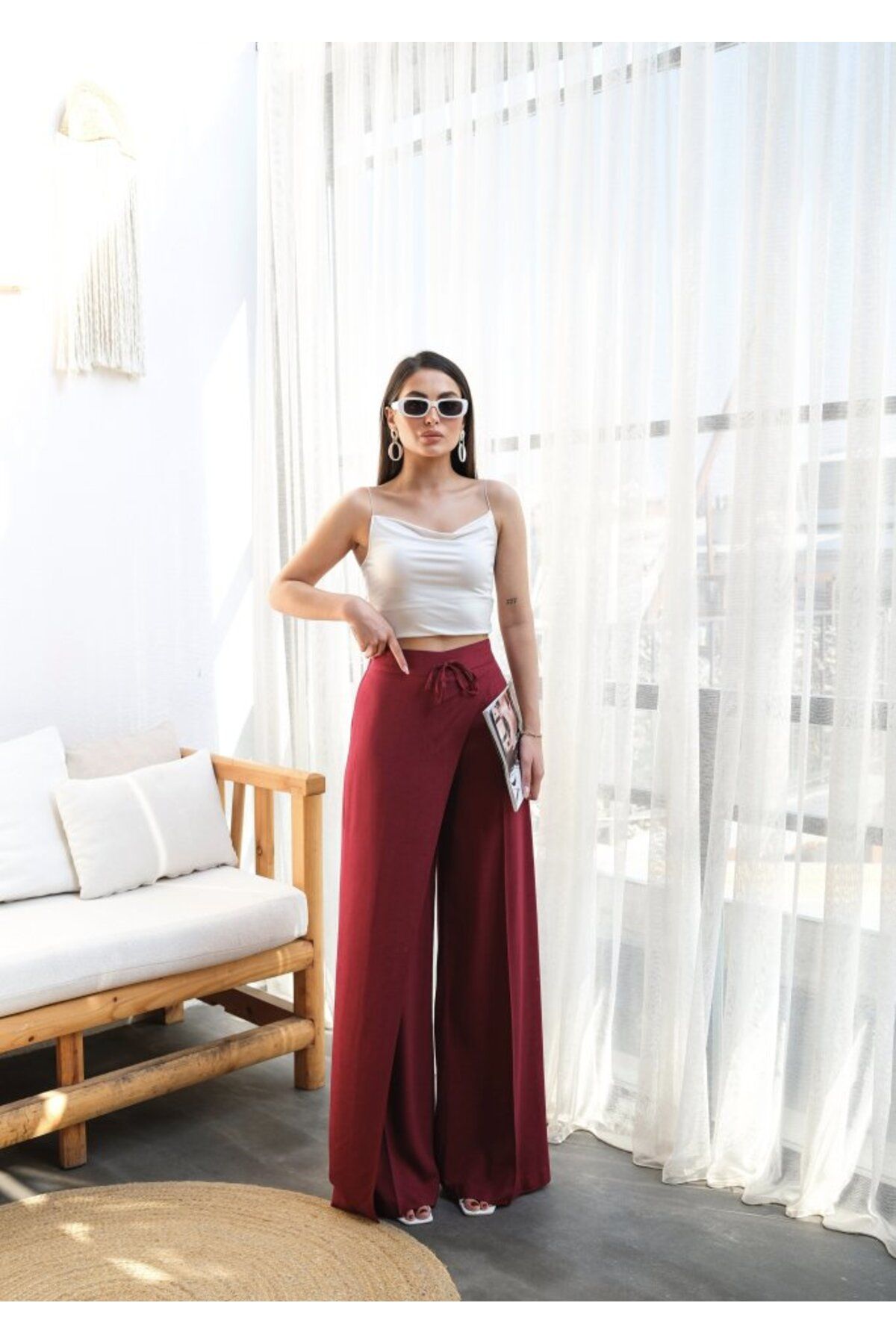 MRA Fashion Keten Önü Çapraz Parçali Lastikli Ve Bağcikli Geniş Paça Pantolon