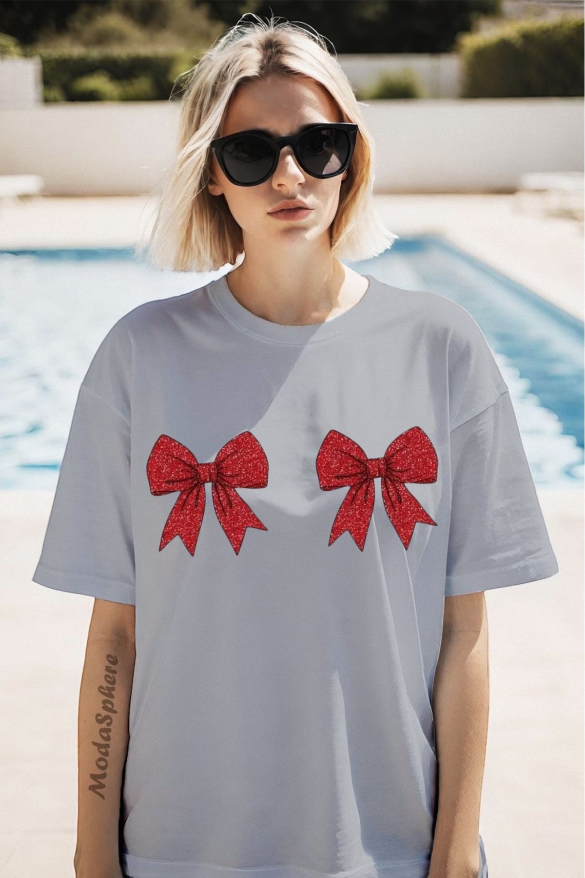 ModaSphere Christmas Yıllbaşı Glittering Bow Baskılı Unisex Oversize Tişört Battal Boy