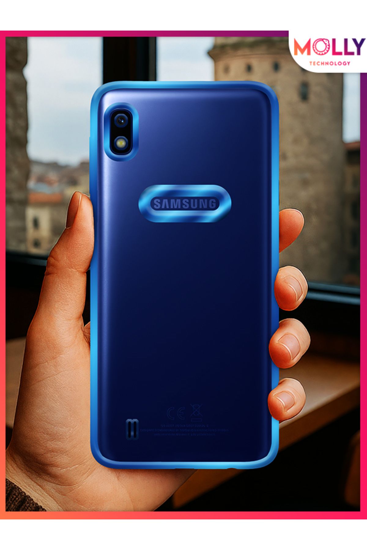 Molly Samsung Galaxy A10 İçin Kenarları Metalik Mavi Lens Koruyuculu Lou Lazer Şeffaf Silikon Kılıf
