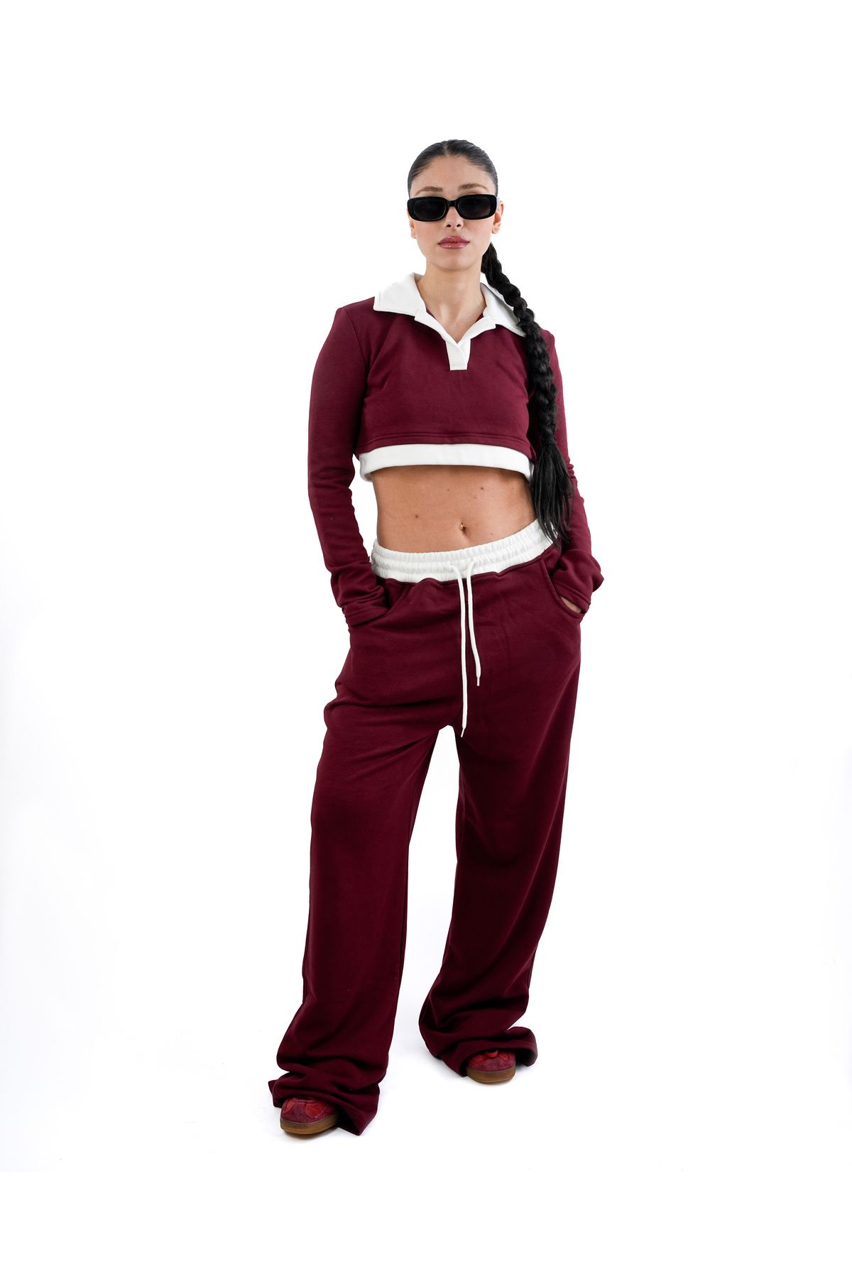 MODA Polo yaka crop üst ve bol paça eşofman takımı