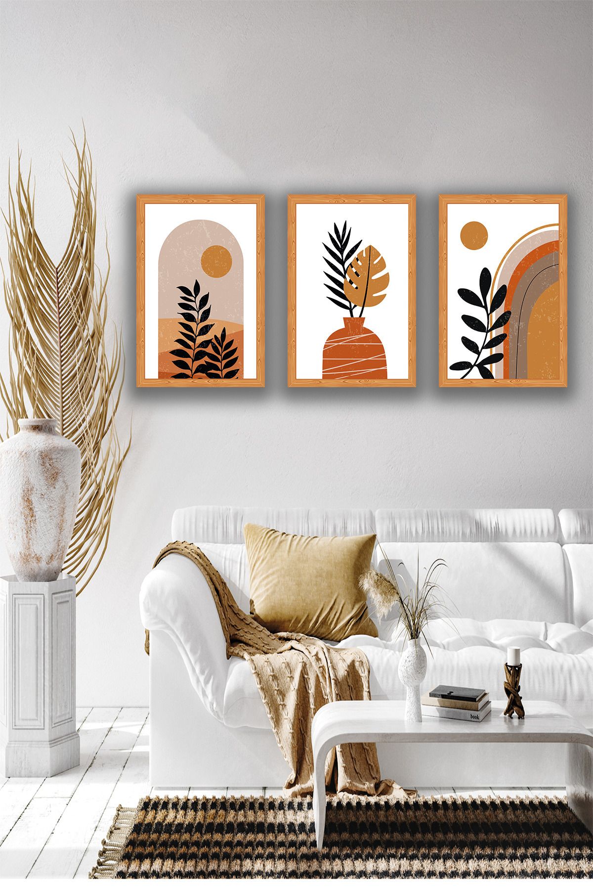 dekor artı Minimal Tropikal Çizimli 3 Parça Tablo Seti Ahşap MDF Üzeri UV Baskı Çerçeve Görünümlü
