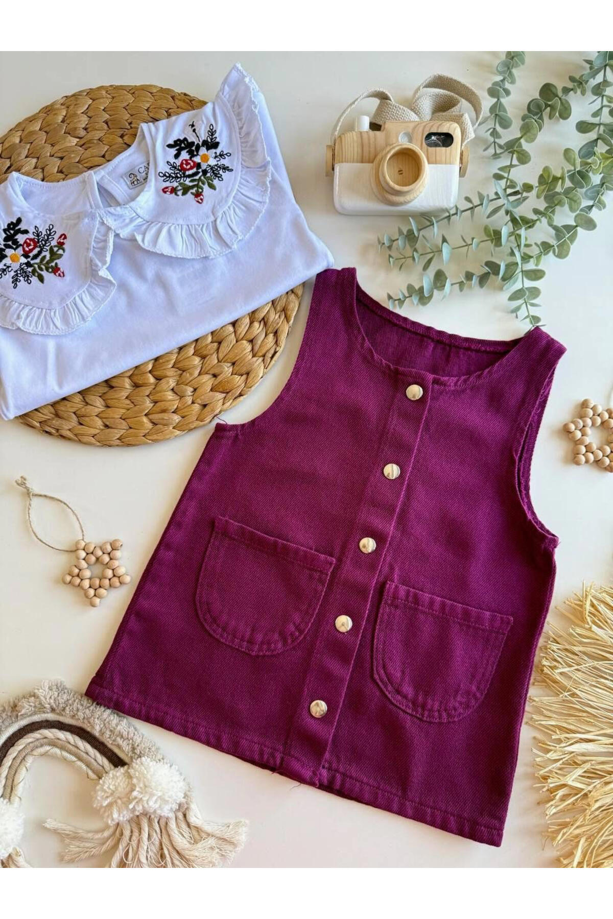 ZARİNA Kız Çocuk Bebe Yaka Nakış Detay Bluzlu Askılı Jile Midi Boy Elbise fotoğrafı 3 (önizleme)