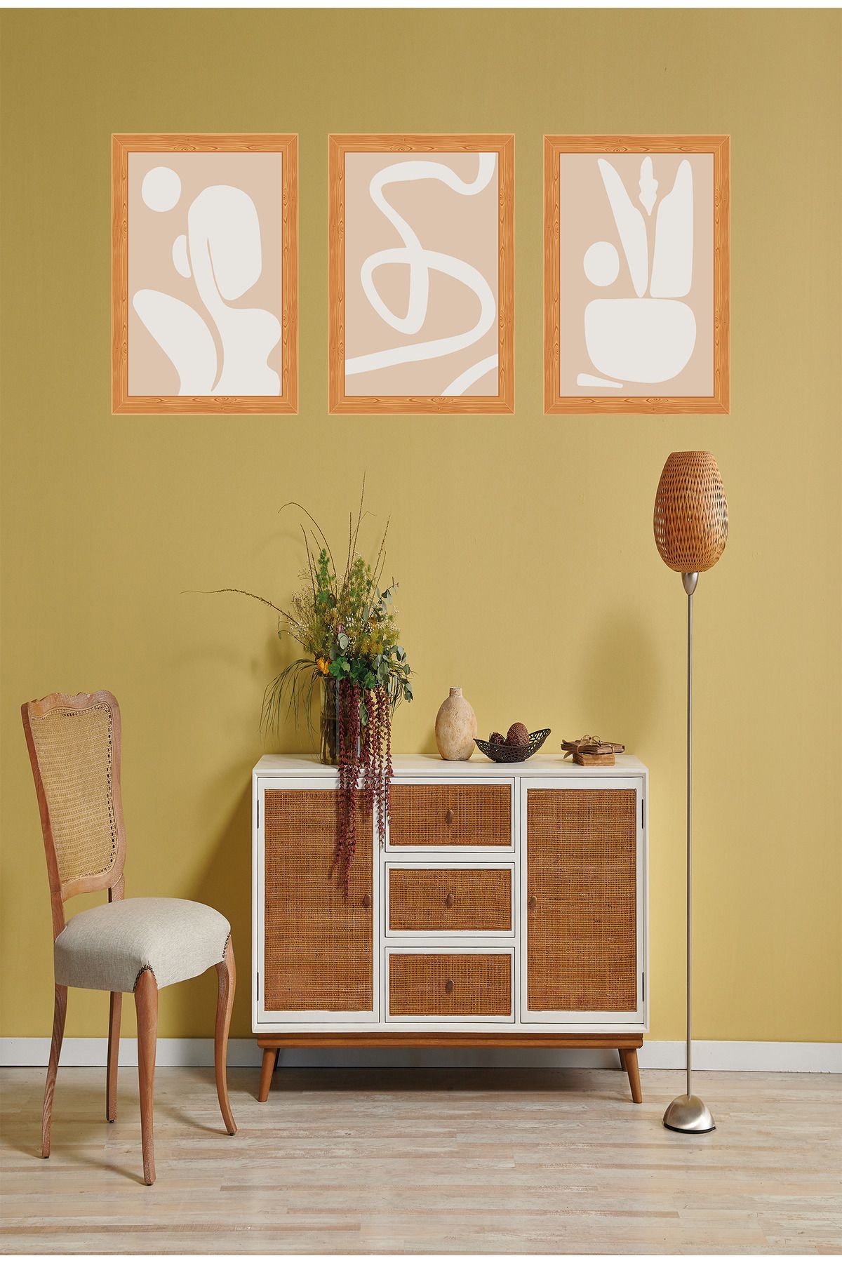 dekor artı 3'lü Minimalist Pembe Beyaz Şekilli Çerçeve Görünümlü Tablo