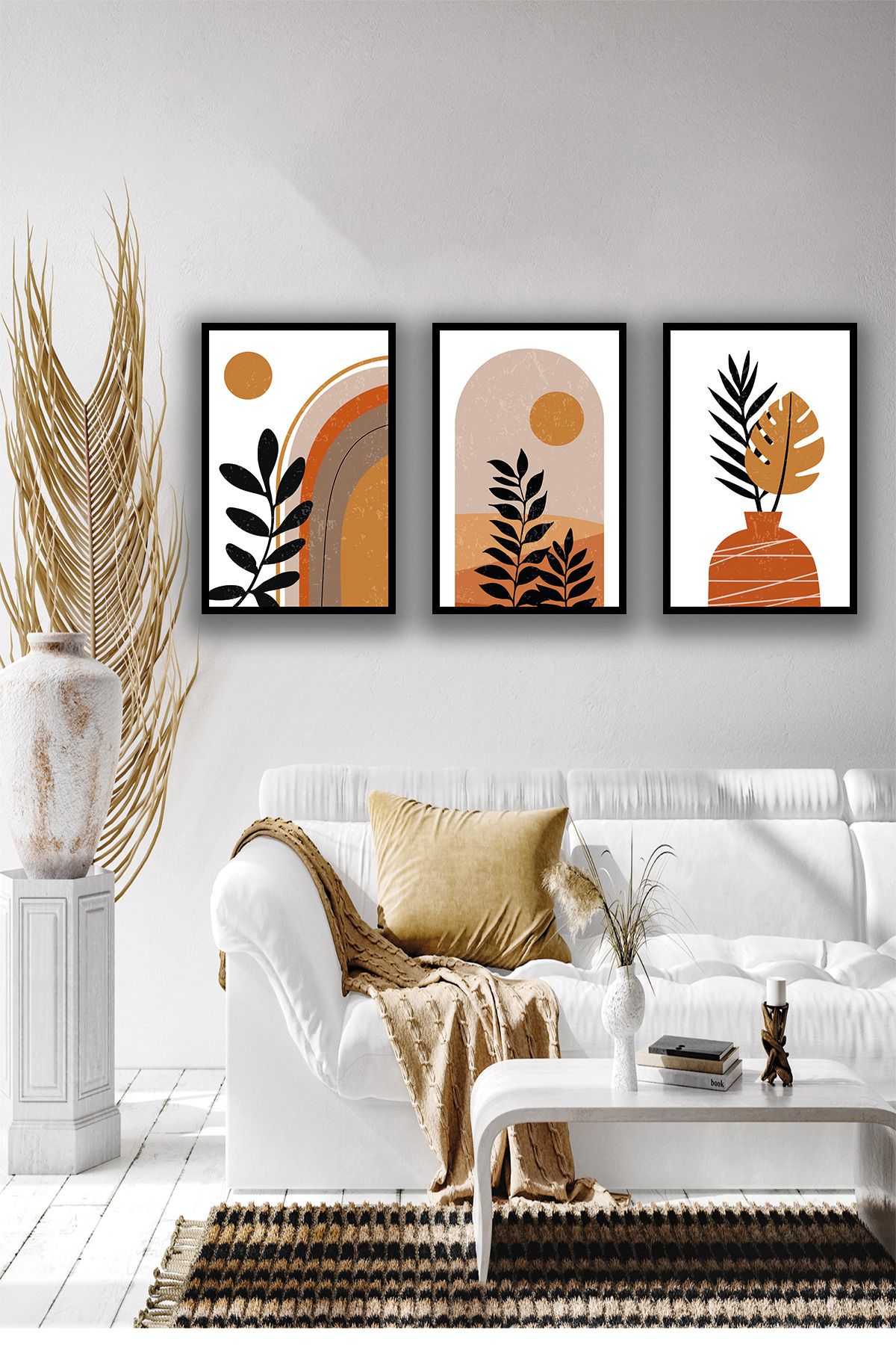 dekor artı Minimal Tropikal Çizimli 3 Parça Tablo Seti Ahşap MDF Üzeri UV Baskı Çerçeve Görünümlü