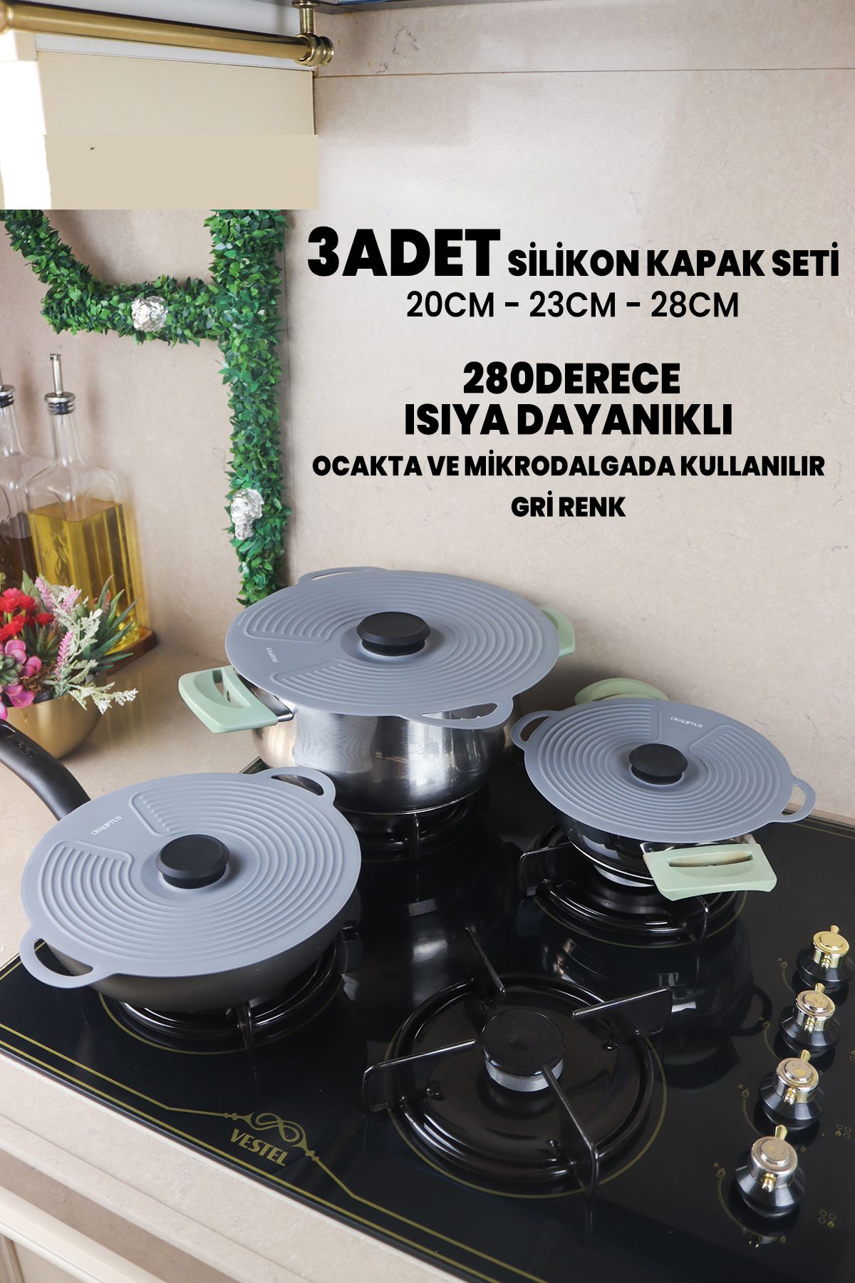 Destpak 3 ADET Silikon Tencere Tava Kapağı Seti - Güçlü Vakum - Hızlı Pişirme - Ocak, Mikrodalga Buzdolabı