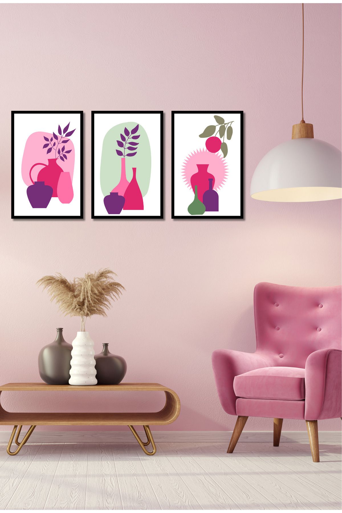 dekor artı Pembe Vazo Salon Tablosu Çerçeçeve Görünümlü 3 Parça