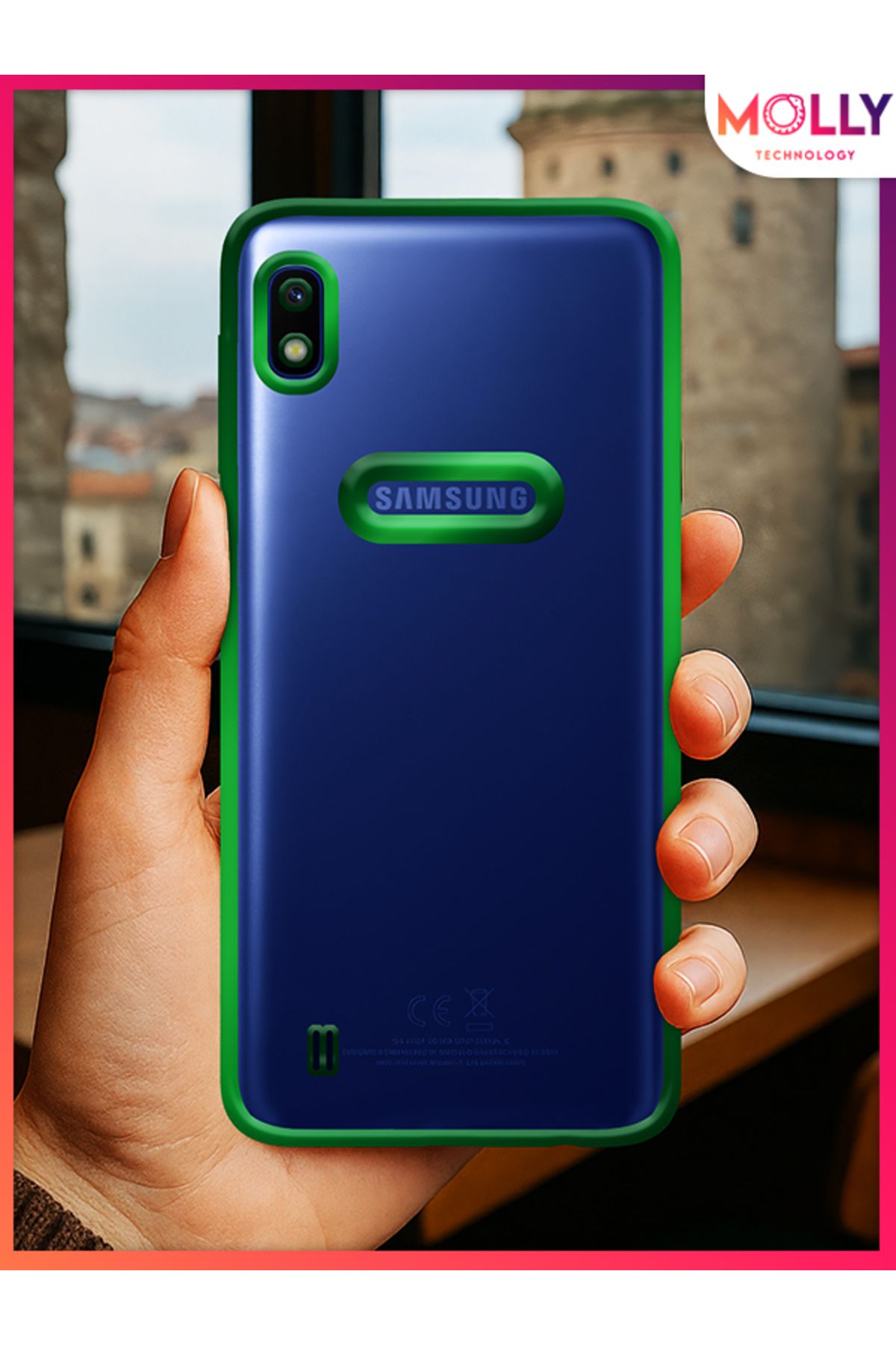 Molly Samsung Galaxy A10 İçin Kenarları Zehir Yeşili Lens Koruyuculu Lou Lazer Şeffaf Silikon Kılıf