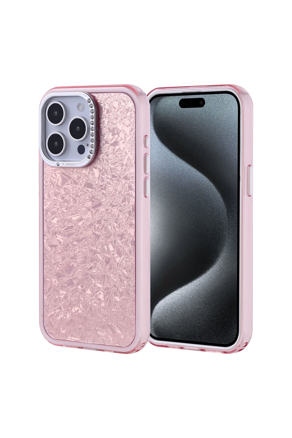 Strap U Apple iPhone 15 Pro Max Kırık Cam Efektli Işıltılı Kılıf Kamera Koruması Taşlı Tasarım Kapi Kapak