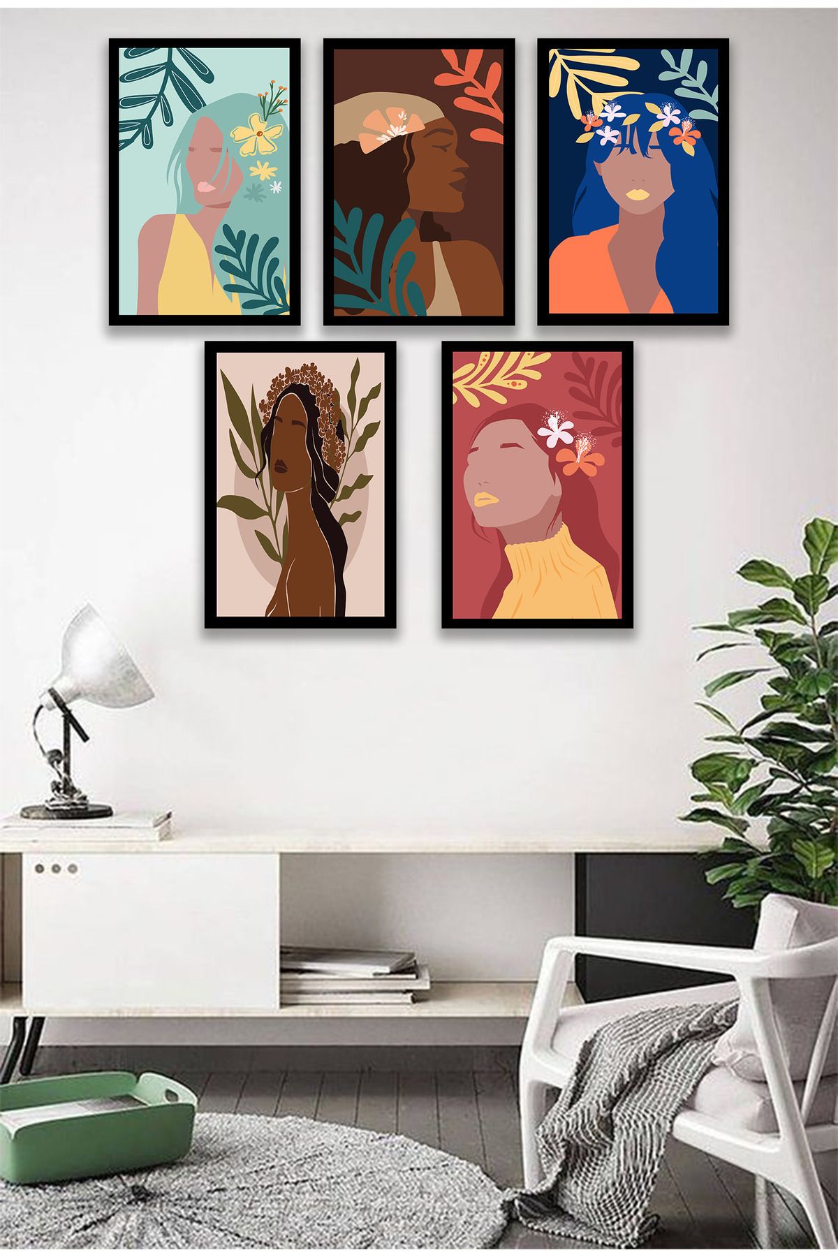 dekor artı Bohem Kadın Tablo Çerçeve Görünümlü 5 Parça
